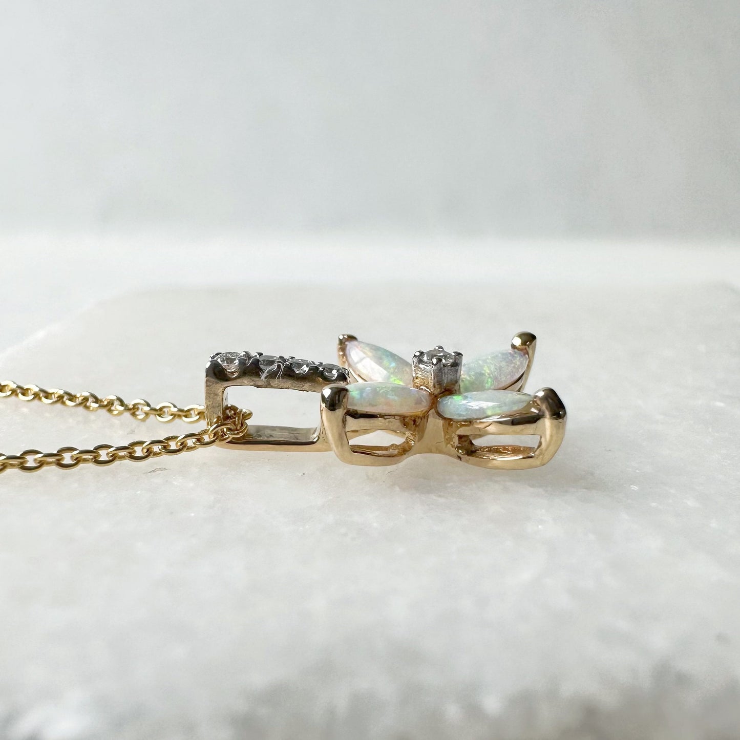 14K Solid Gold Genuine Diamond and Opal Flower Pendant