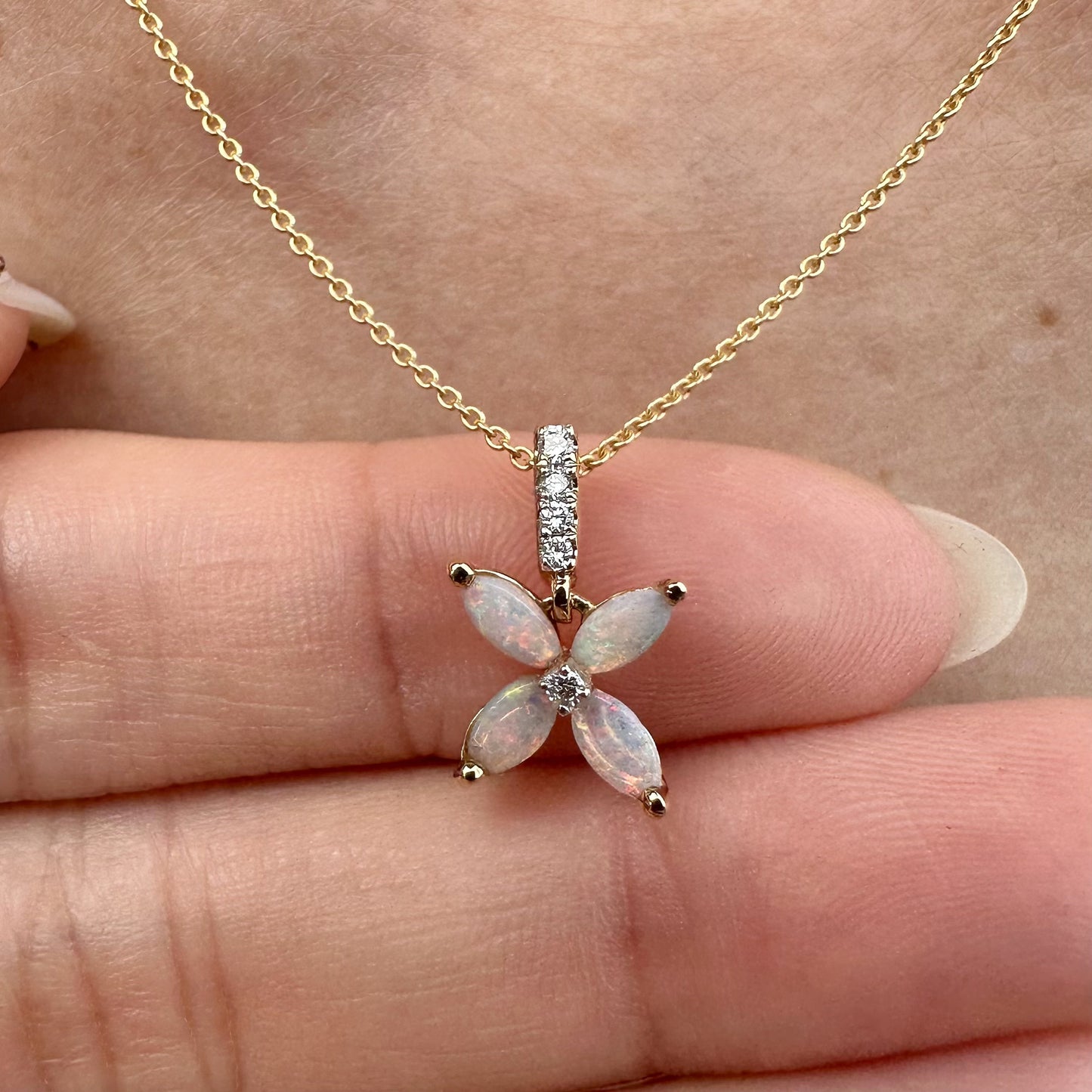 14K Solid Gold Genuine Diamond and Opal Flower Pendant