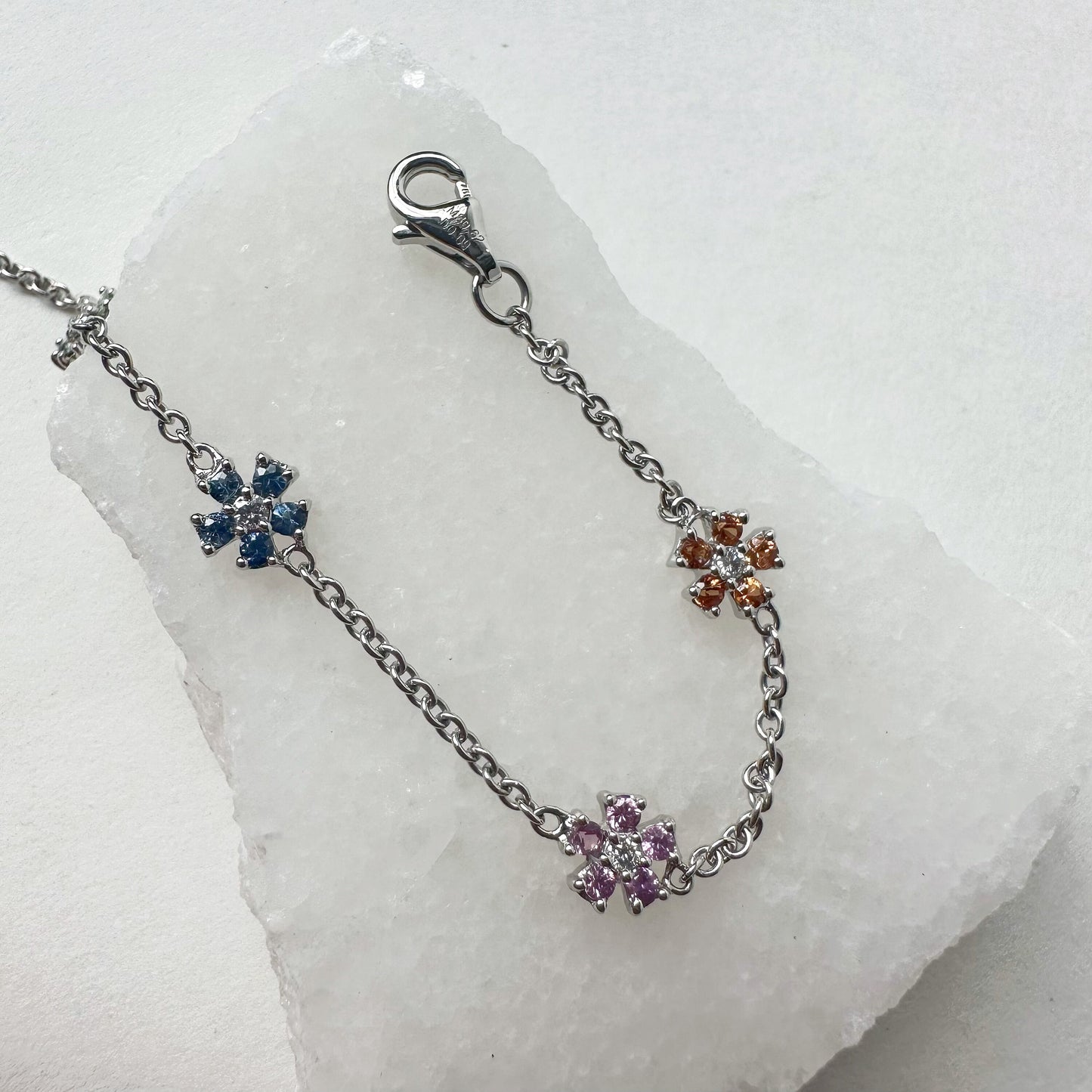 18K Solid White Gold Genuine Color Sapphire and Diamond Flowers Bracelet