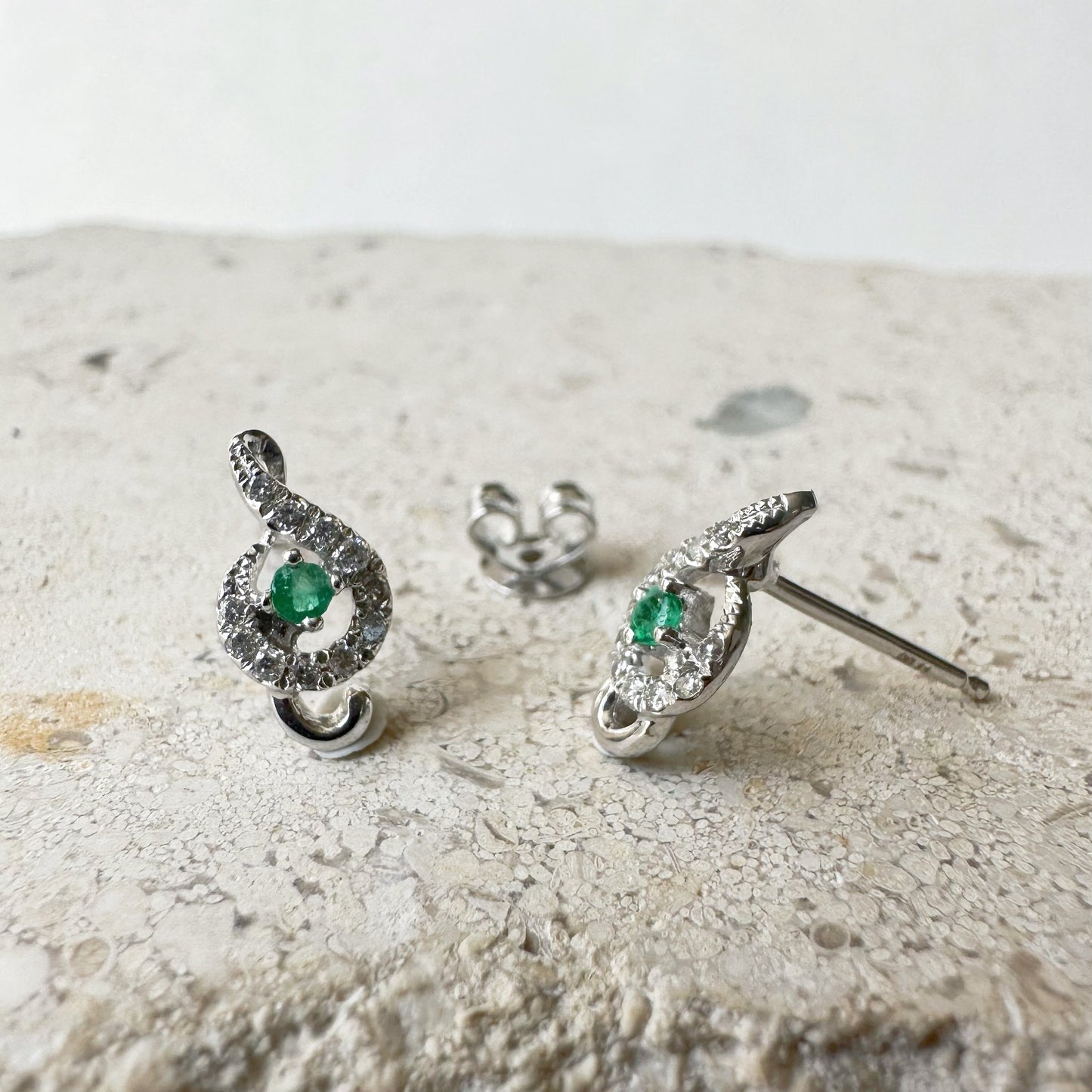18K Solid Gold Genuine Emerald and Diamond Treble Clef/Music Note Studs/Pair