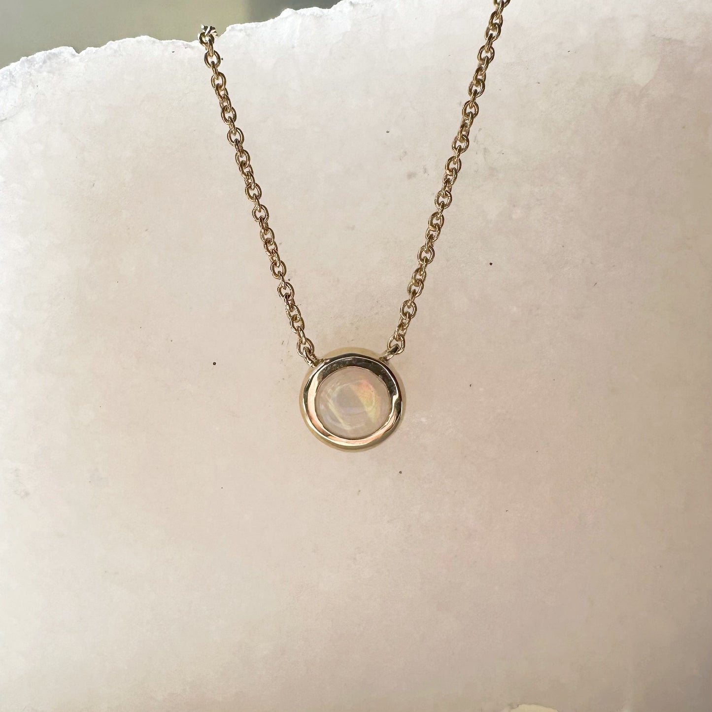 14K Solid Gold Genuine Round Opal Bezel Chain Necklace