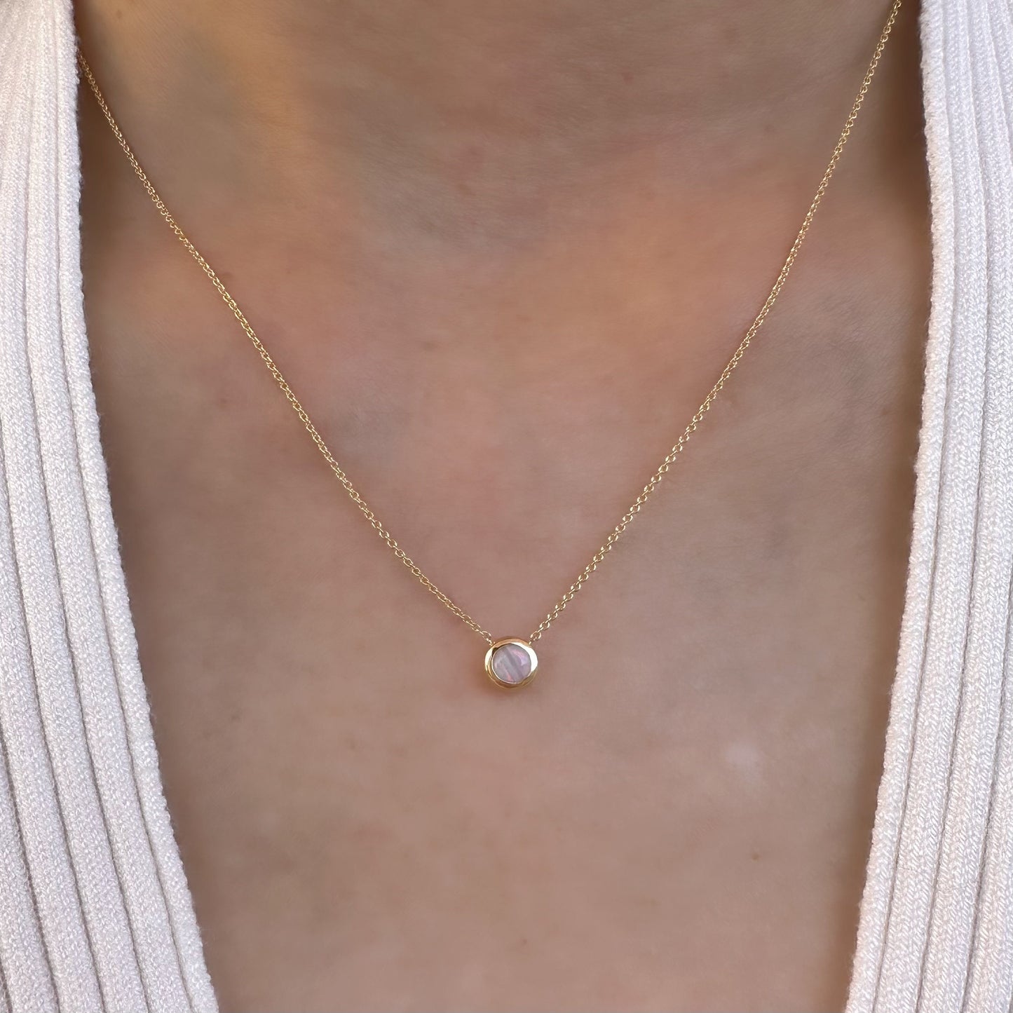 14K Solid Gold Genuine Round Opal Bezel Chain Necklace