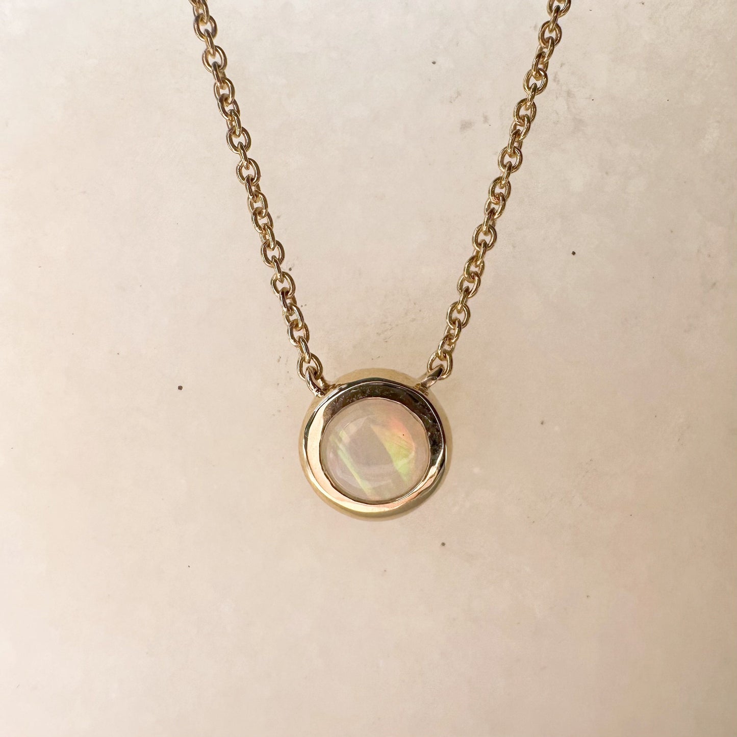 14K Solid Gold Genuine Round Opal Bezel Chain Necklace