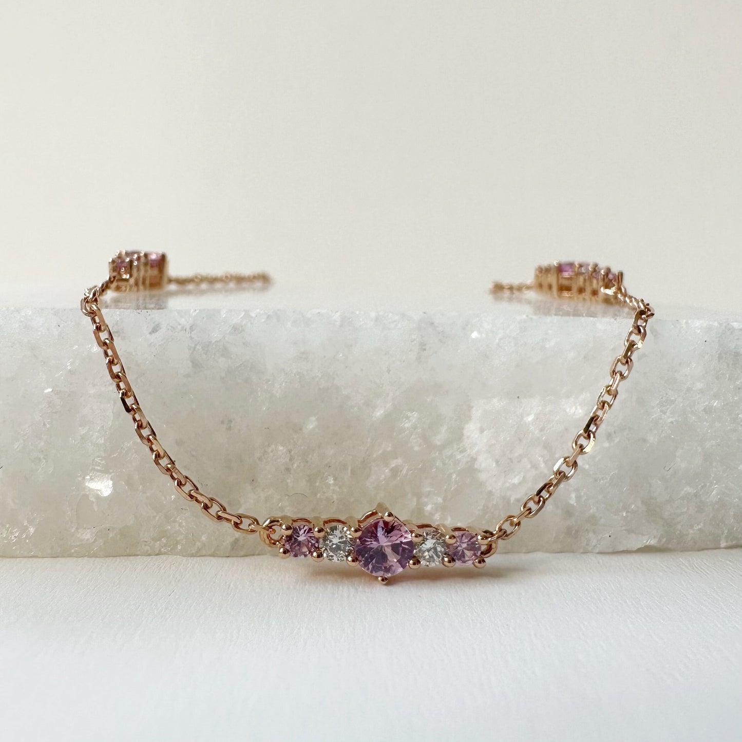 18K Solid Rose Gold Genuine Pink Sapphire and Diamond Bracelet