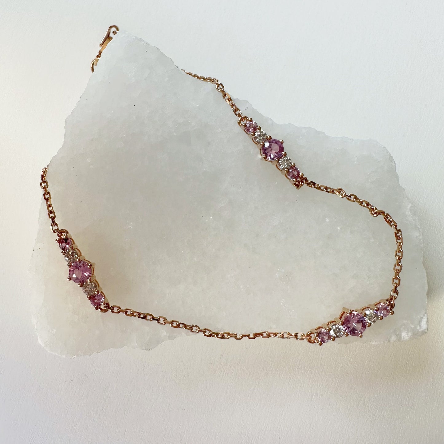 18K Solid Rose Gold Genuine Pink Sapphire and Diamond Bracelet
