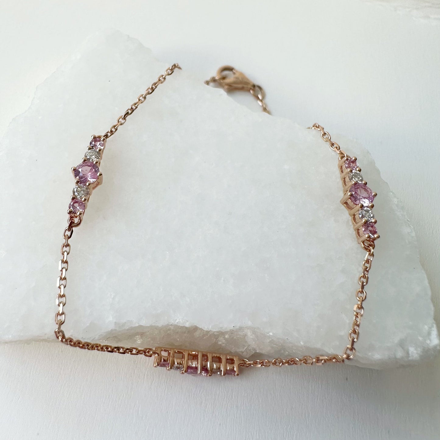 18K Solid Rose Gold Genuine Pink Sapphire and Diamond Bracelet