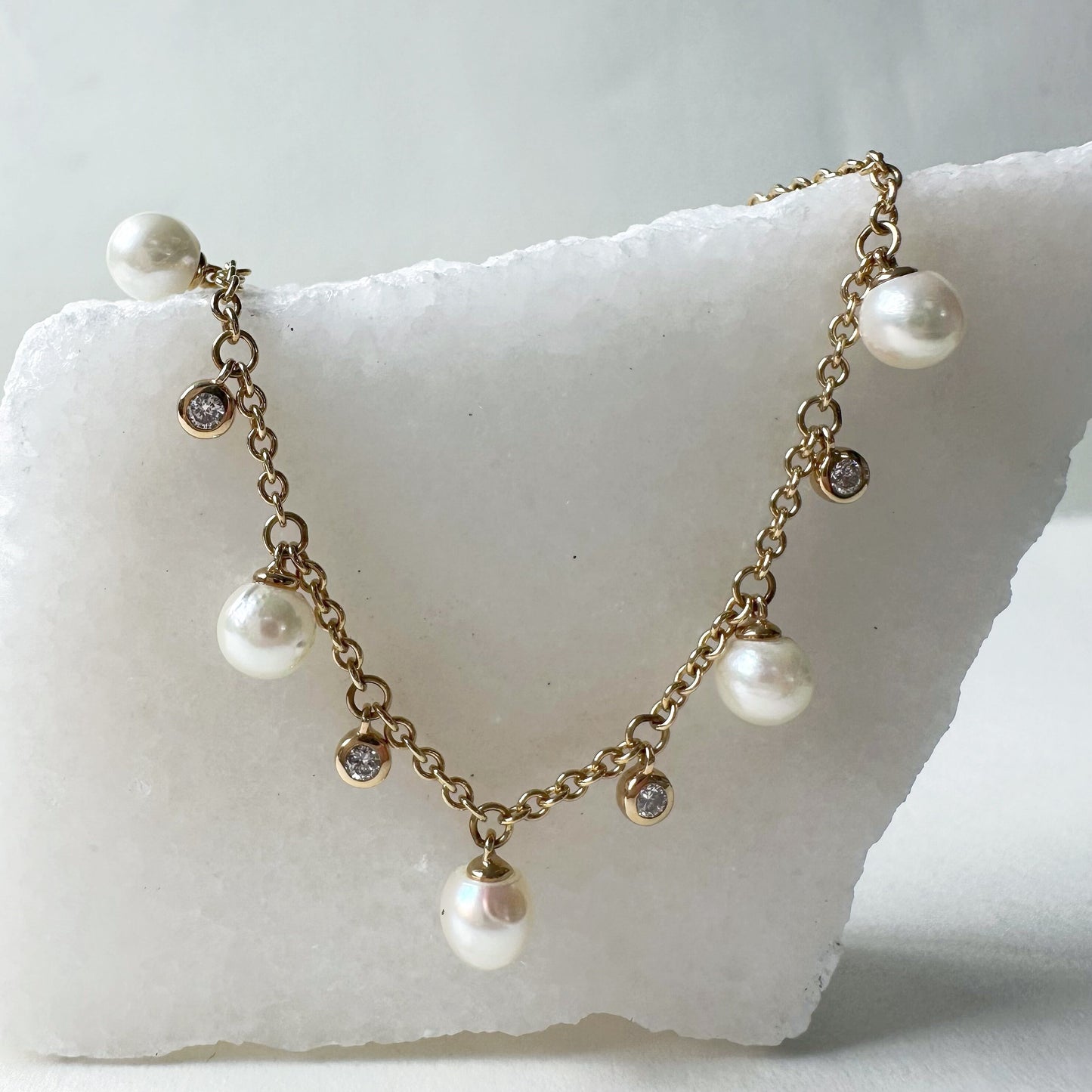 18K Solid Gold Genuine Pearl and Diamond Bracelet