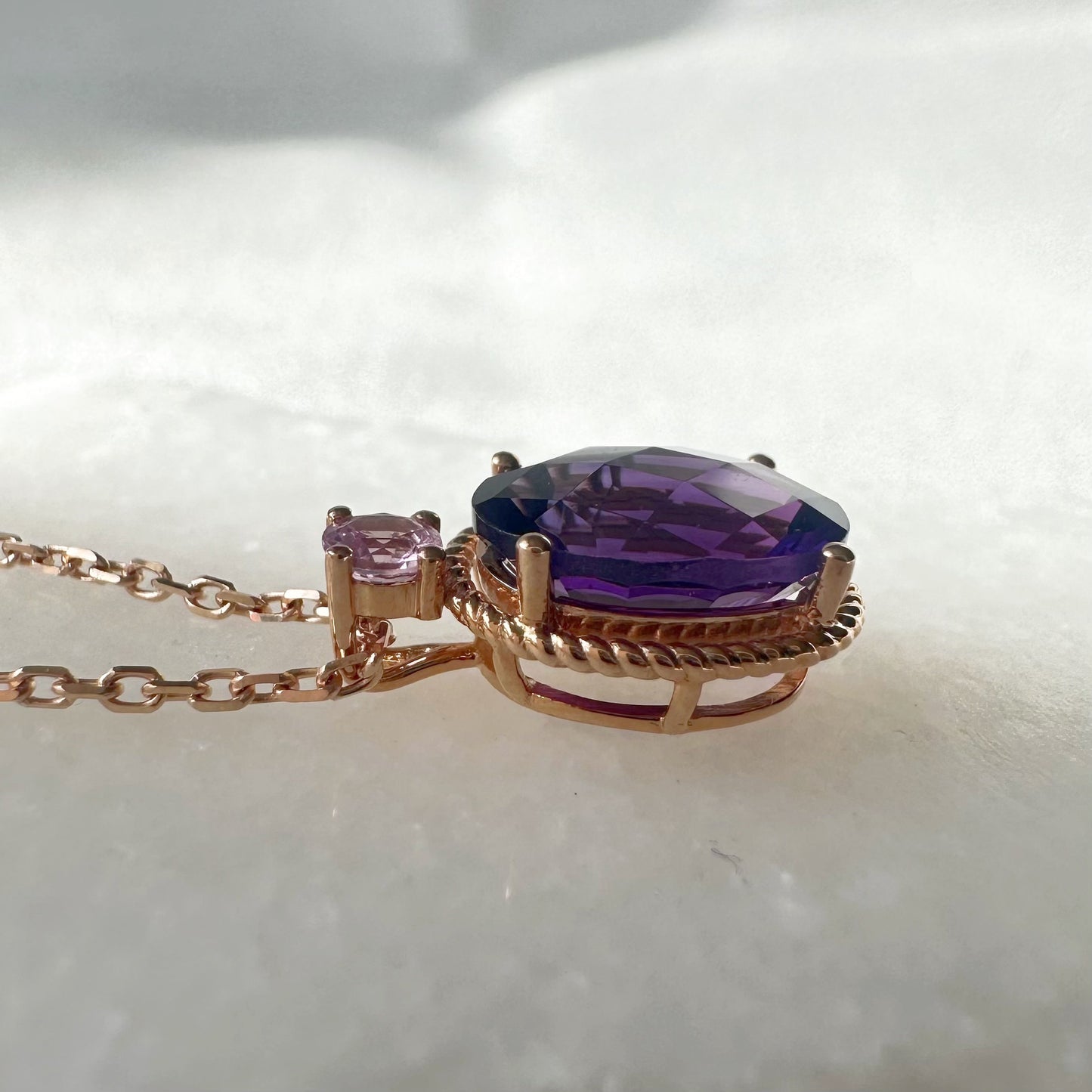 18K Solid Rose Gold Genuine Amethyst and Pink Sapphire Necklace