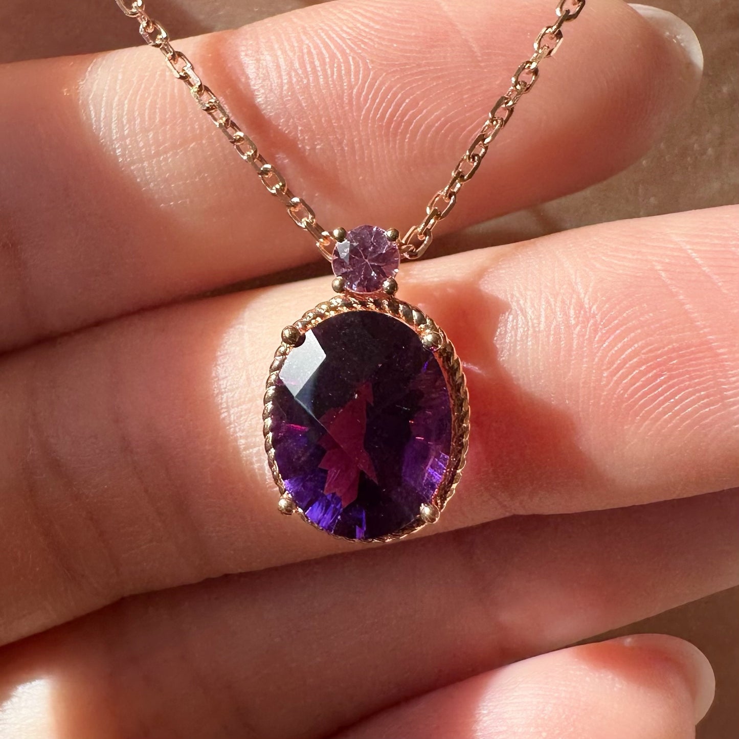 18K Solid Rose Gold Genuine Amethyst and Pink Sapphire Necklace