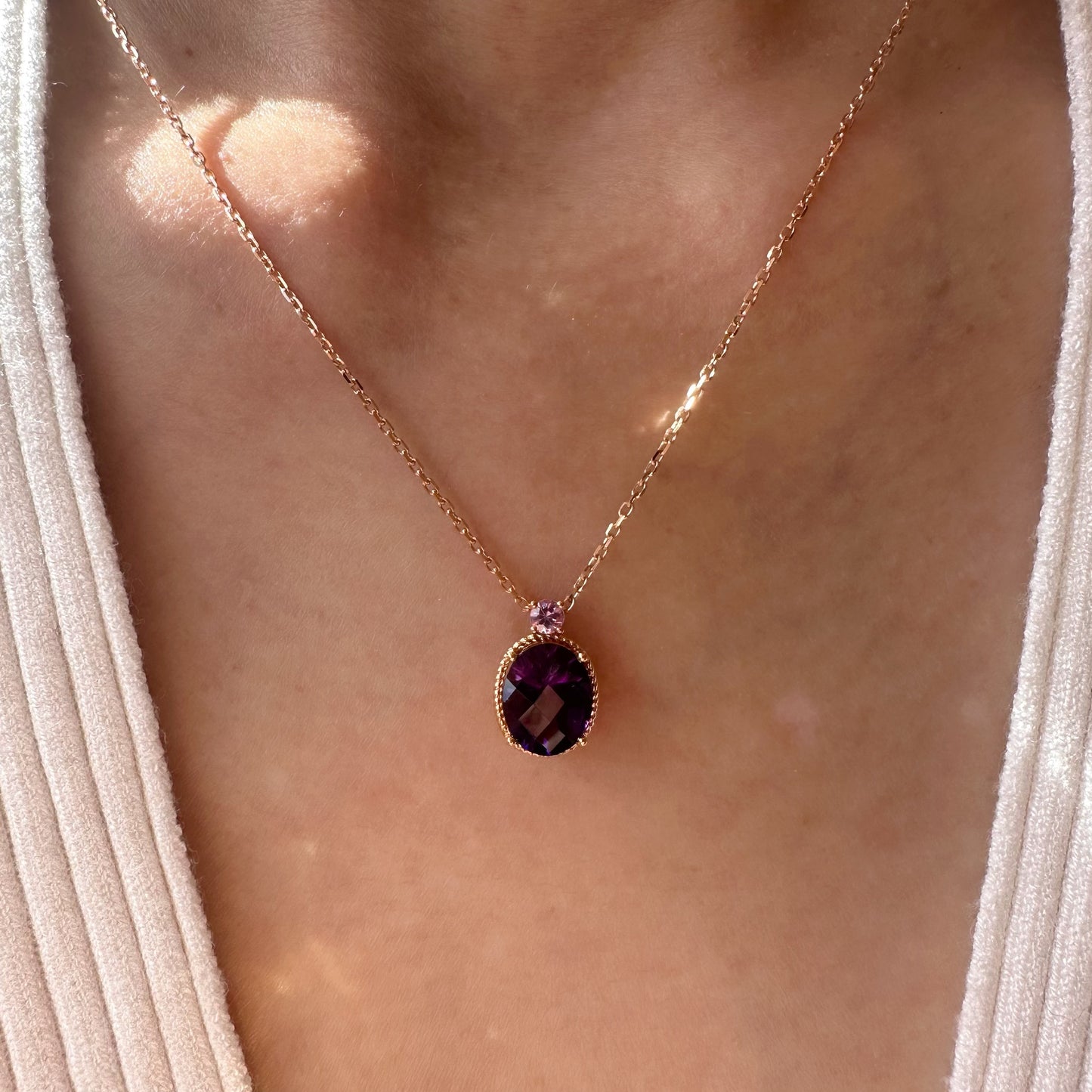 18K Solid Rose Gold Genuine Amethyst and Pink Sapphire Necklace