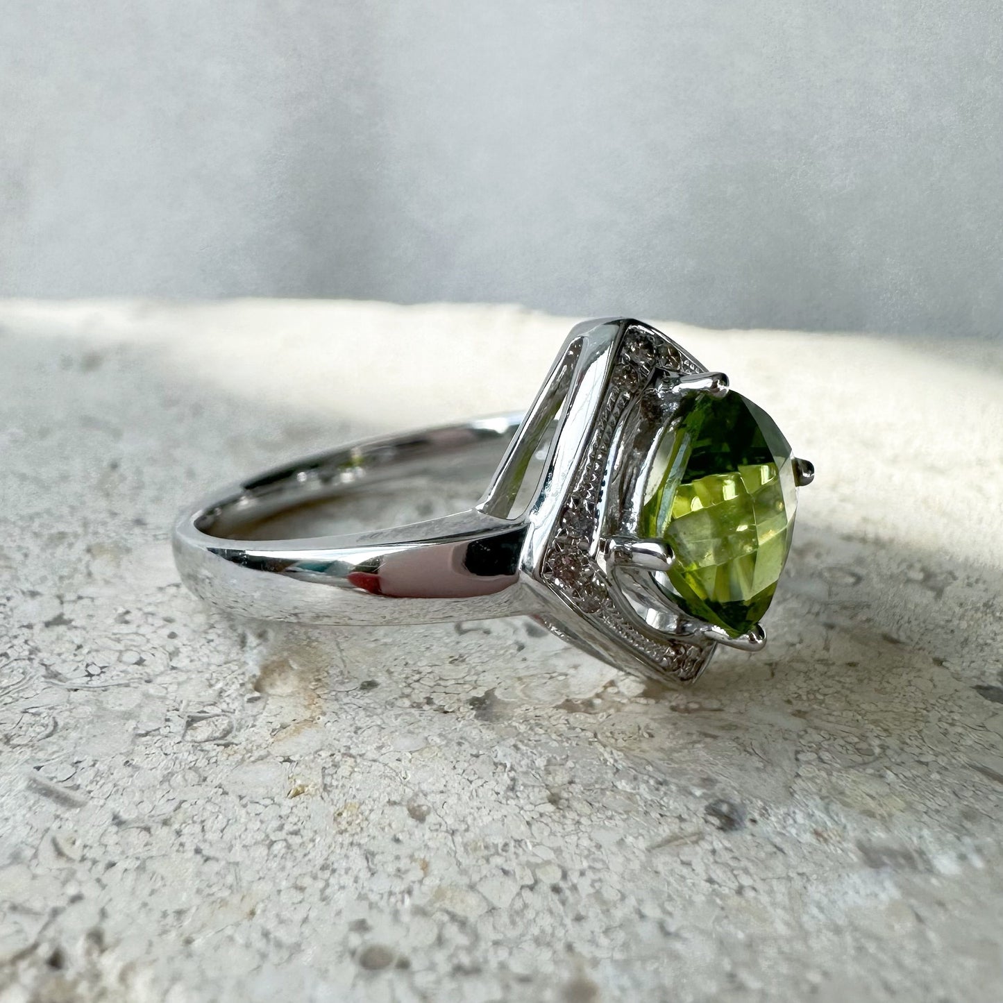 14K Solid White Gold Genuine Peridot and Diamond Cushion Ring
