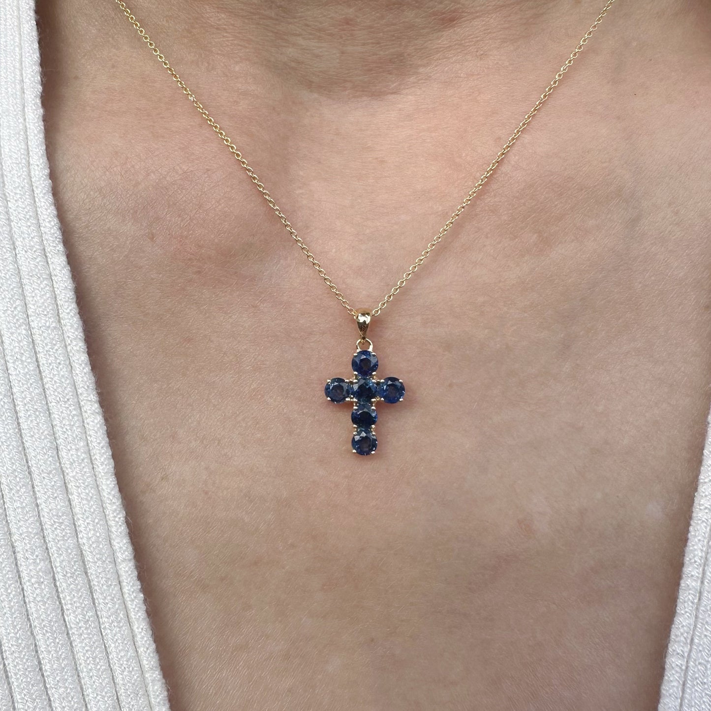14K Solid Gold Genuine Round Sapphire Cross Pendant