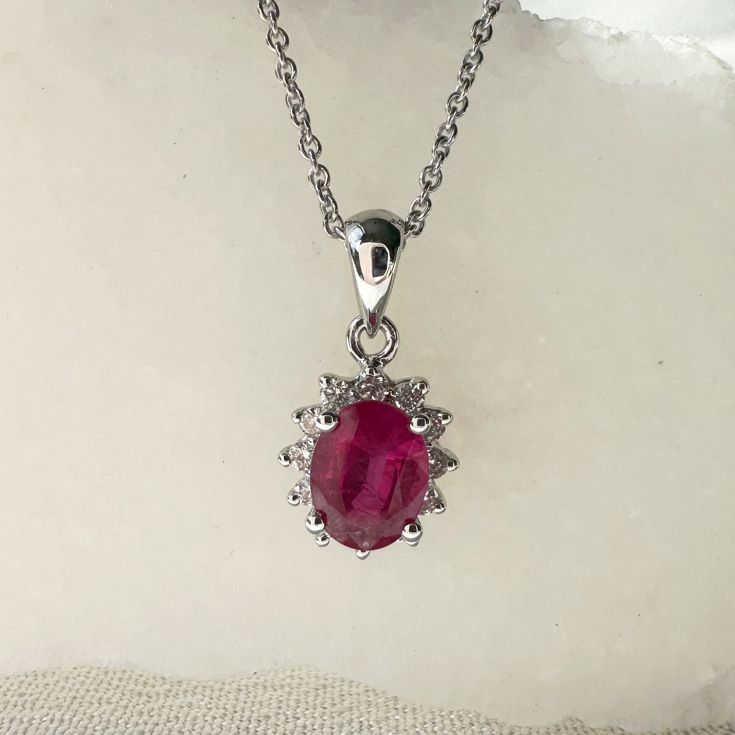 14K Solid Gold Ruby and Diamond Halo Pendant