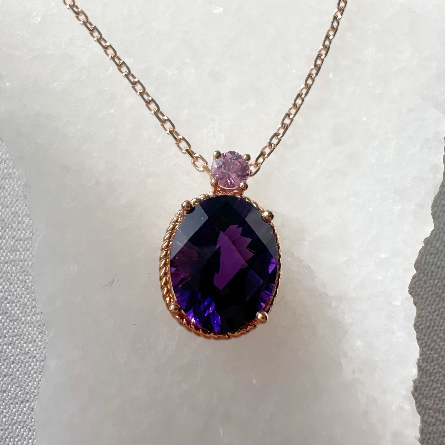 18K Solid Rose Gold Genuine Amethyst and Pink Sapphire Necklace
