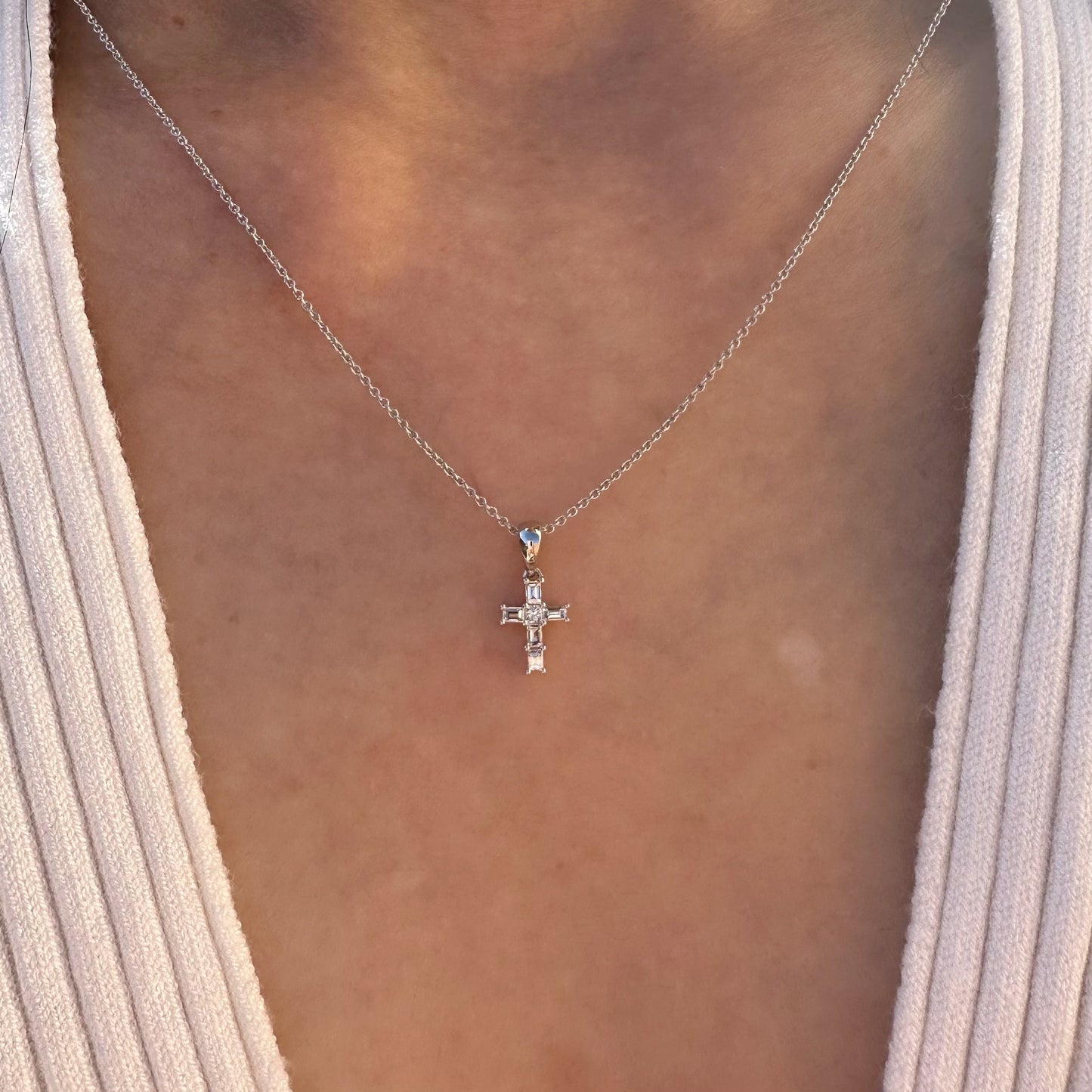 14K Solid Gold Genuine Baguette Diamond Cross Pendant