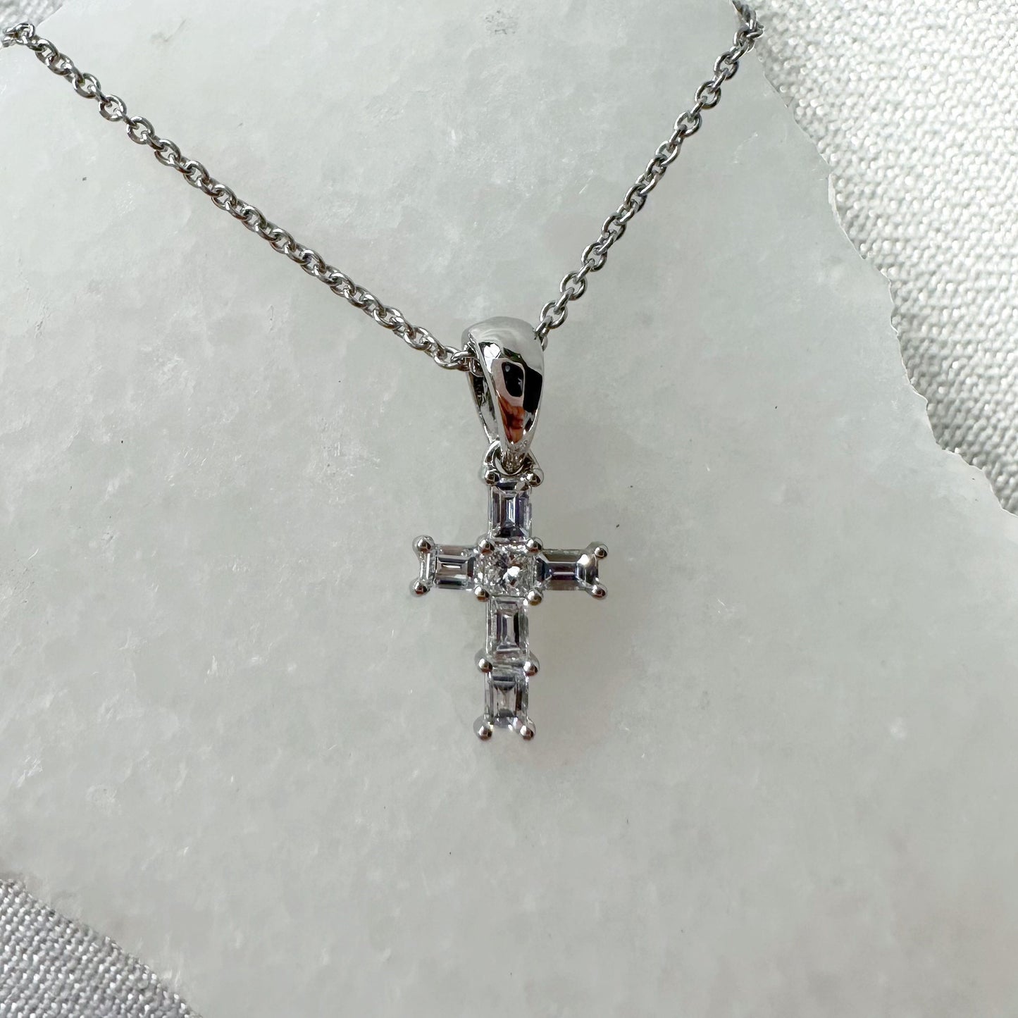 14K Solid Gold Genuine Baguette Diamond Cross Pendant