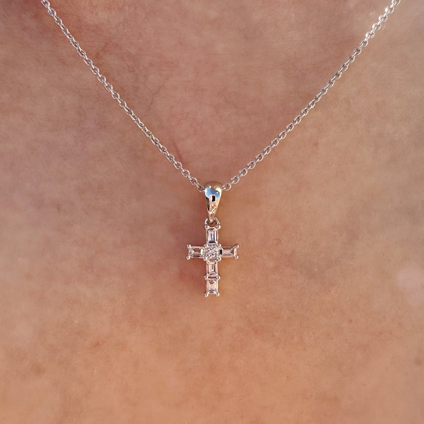 14K Solid Gold Genuine Baguette Diamond Cross Pendant