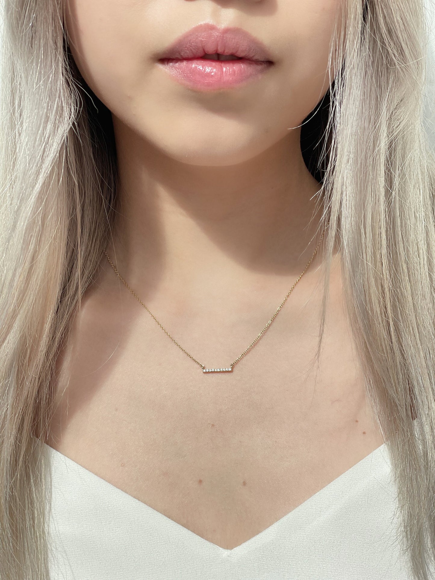 18K Solid Gold Diamond Bar Necklace