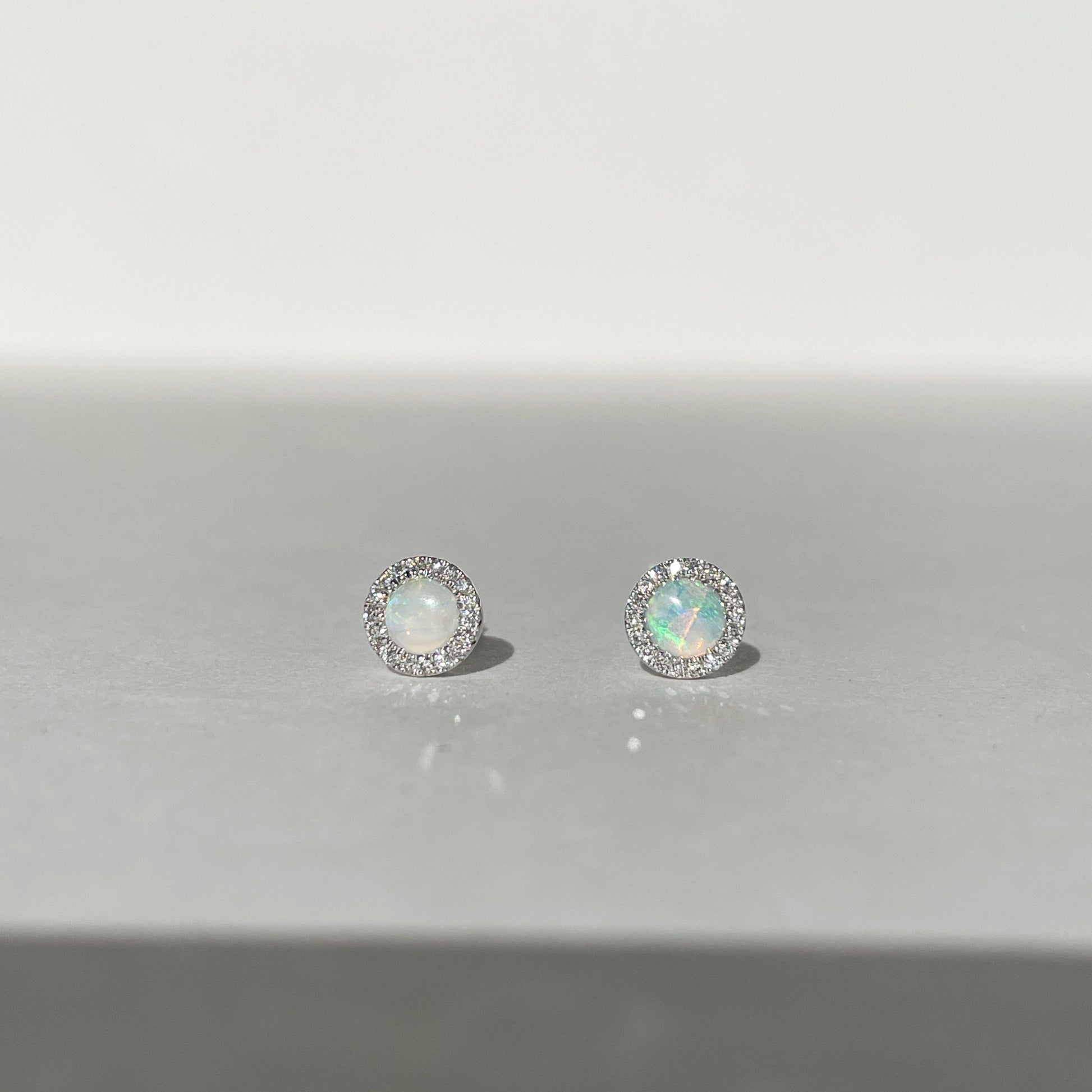 14K Solid Gold Opal and Diamond Studs