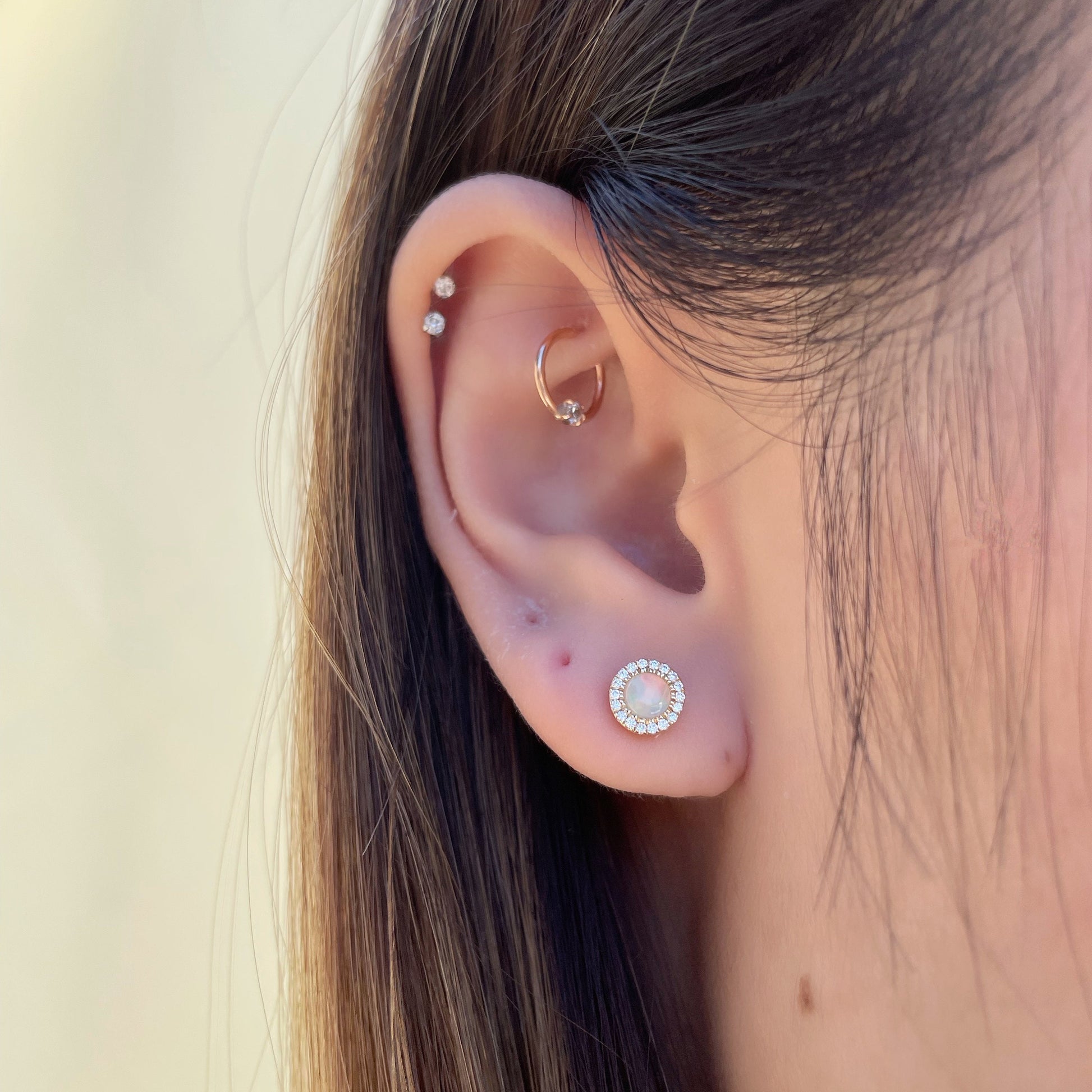 14K Solid Gold Opal and Diamond Studs