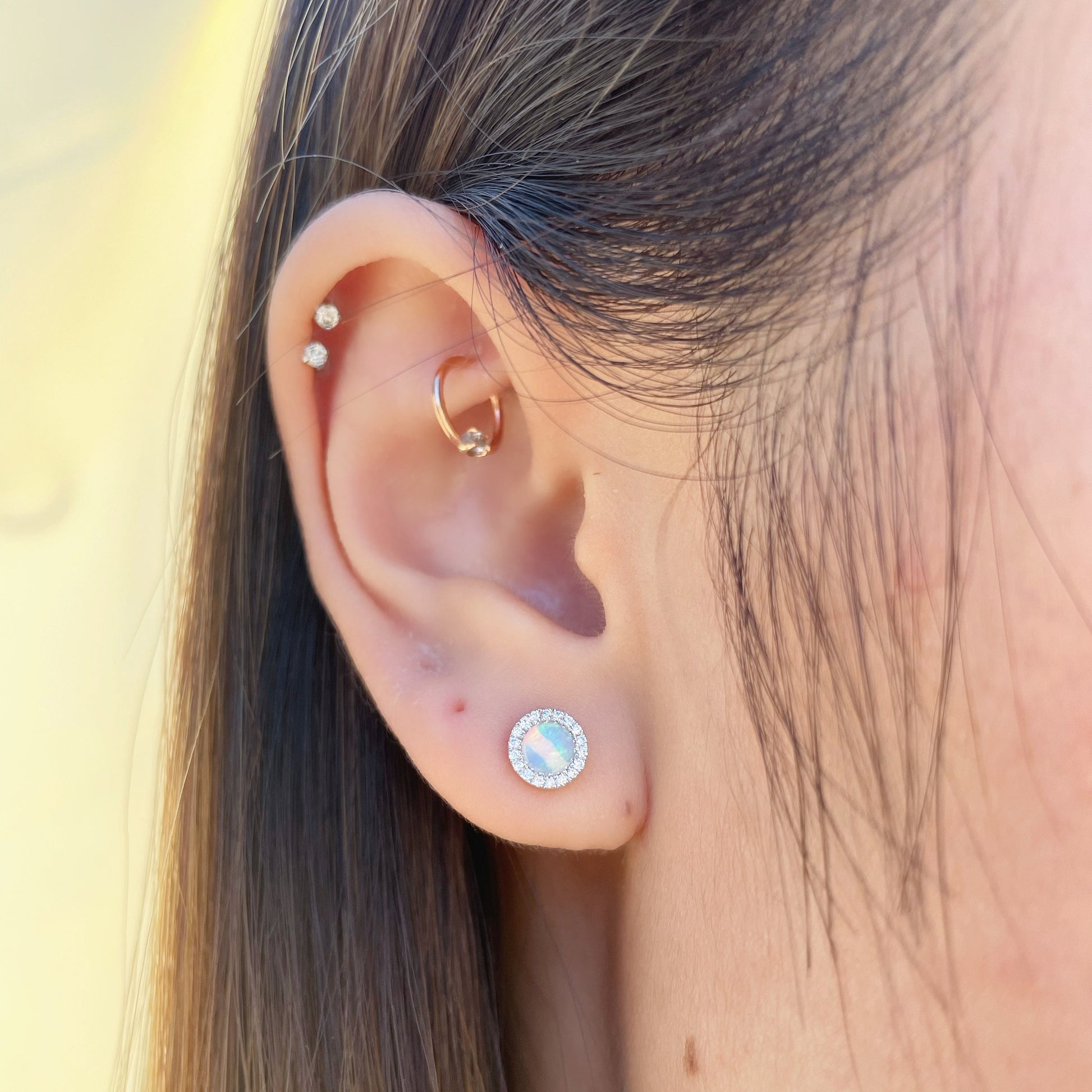 14K Solid Gold Opal and Diamond Studs