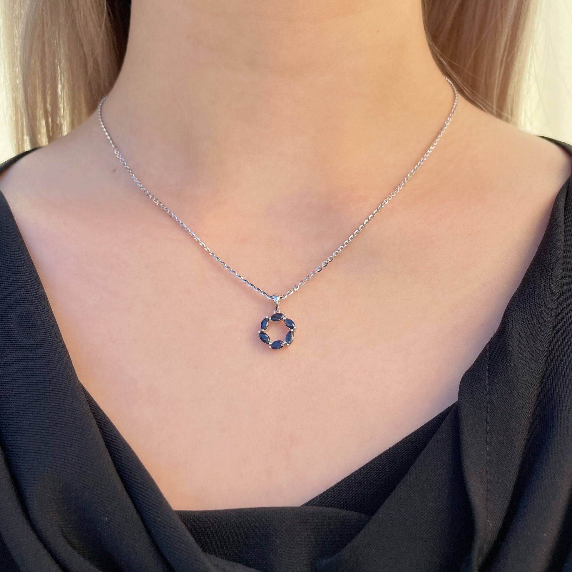 14K Solid Gold Genuine Sapphire Circle Pendant