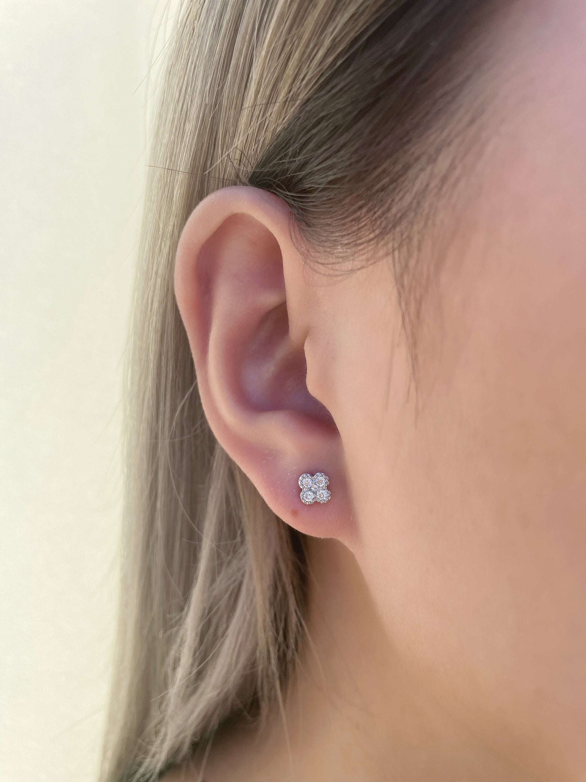 14K Solid Gold Natural Diamond Clover Studs