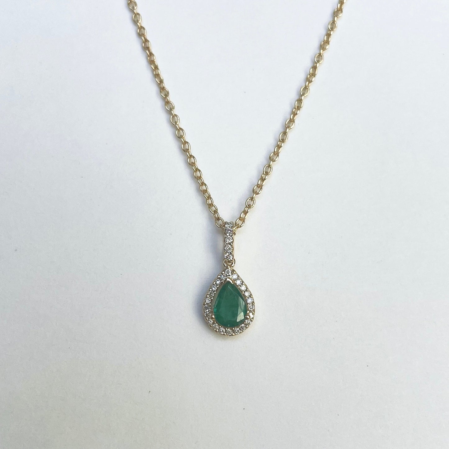 14K Solid Gold Genuine Emerald and Diamond Pendant
