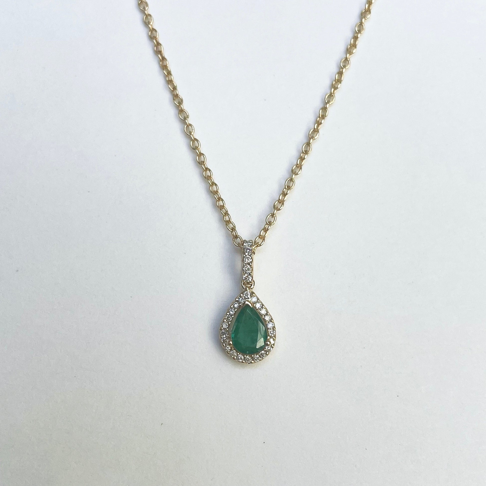 14K Solid Gold Genuine Emerald and Diamond Pendant