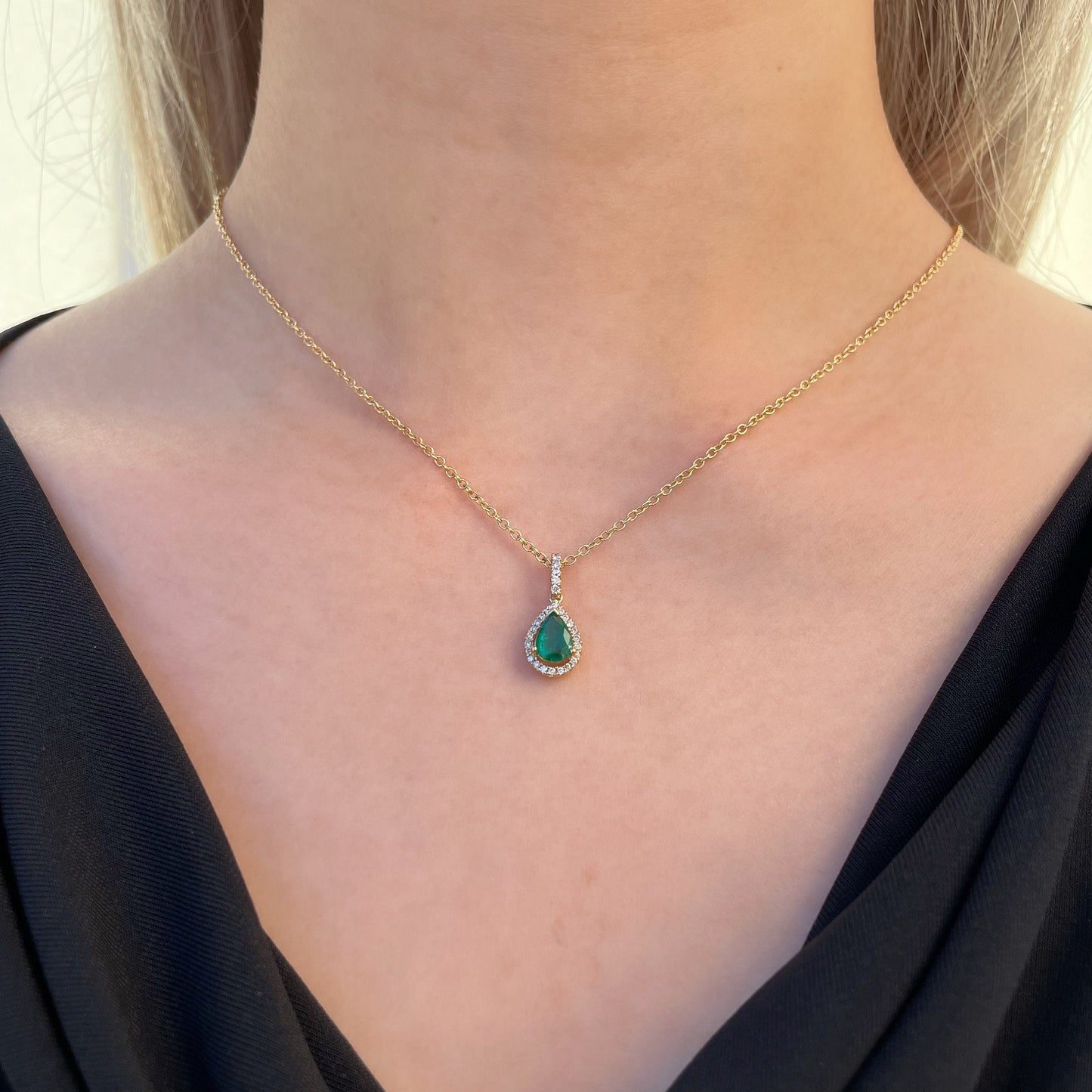 14K Solid Gold Genuine Emerald and Diamond Pendant