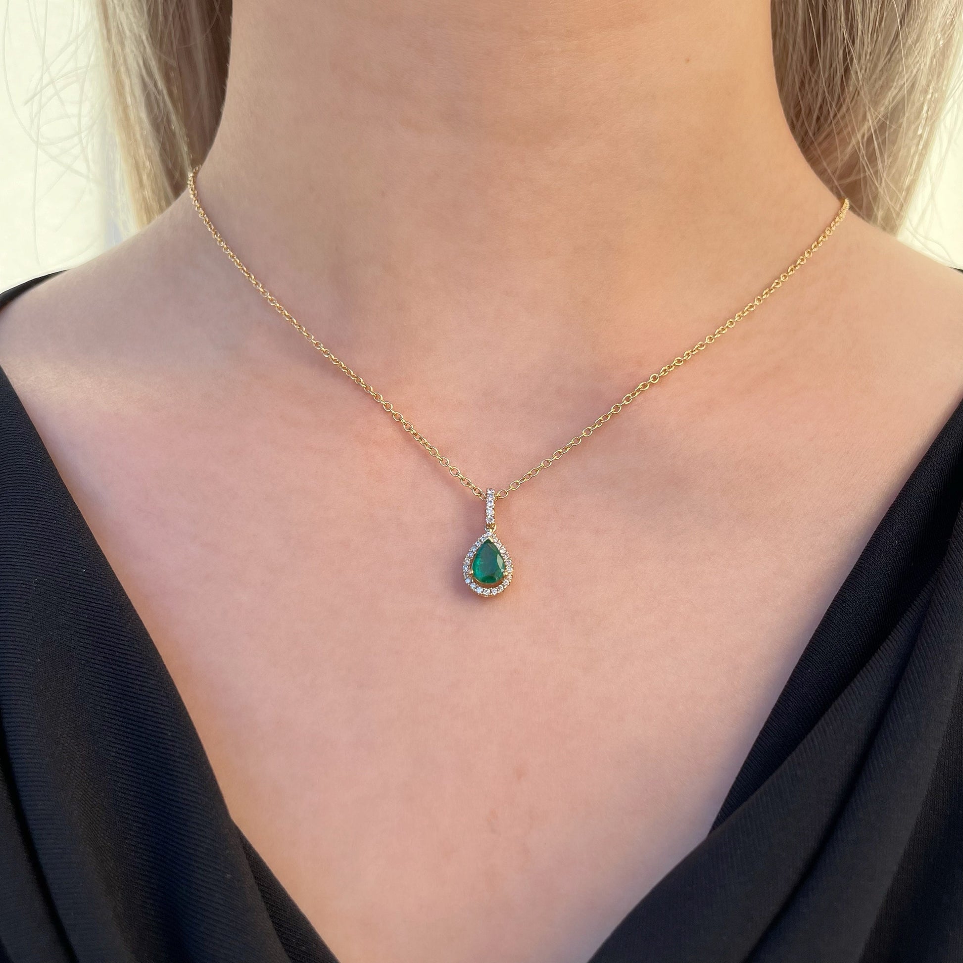 14K Solid Gold Genuine Emerald and Diamond Pendant