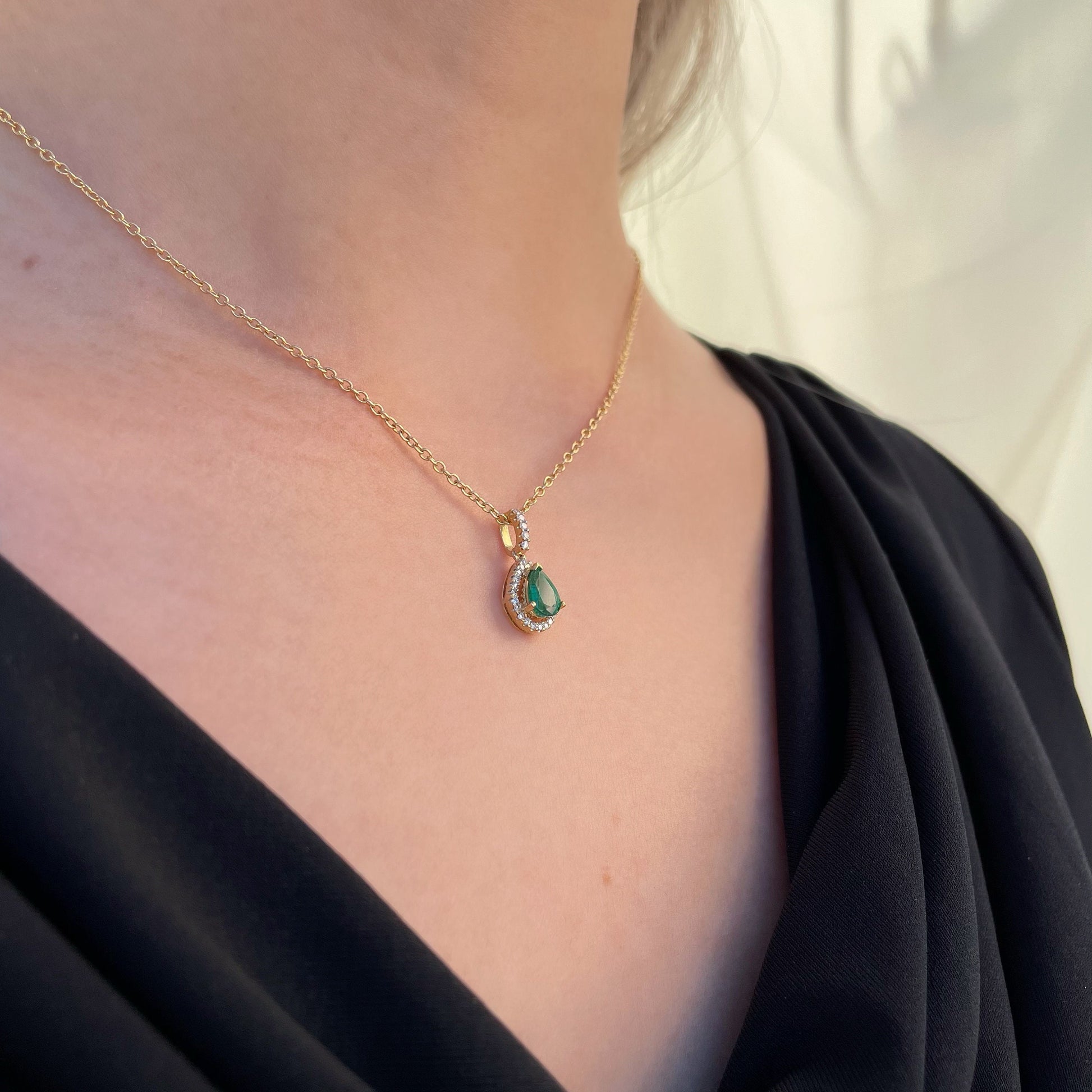 14K Solid Gold Genuine Emerald and Diamond Pendant