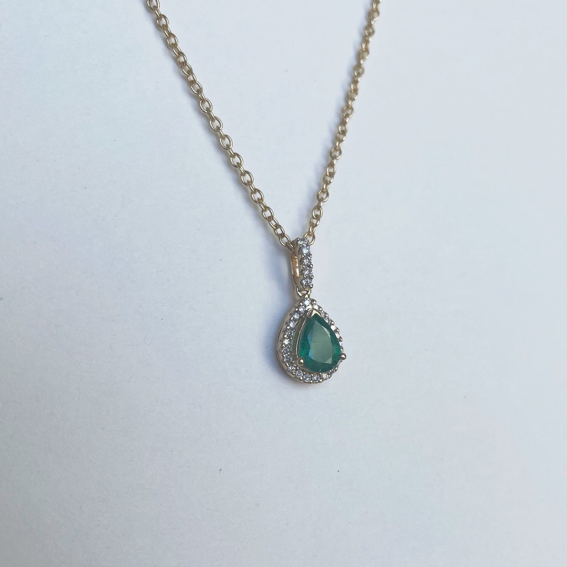 14K Solid Gold Genuine Emerald and Diamond Pendant