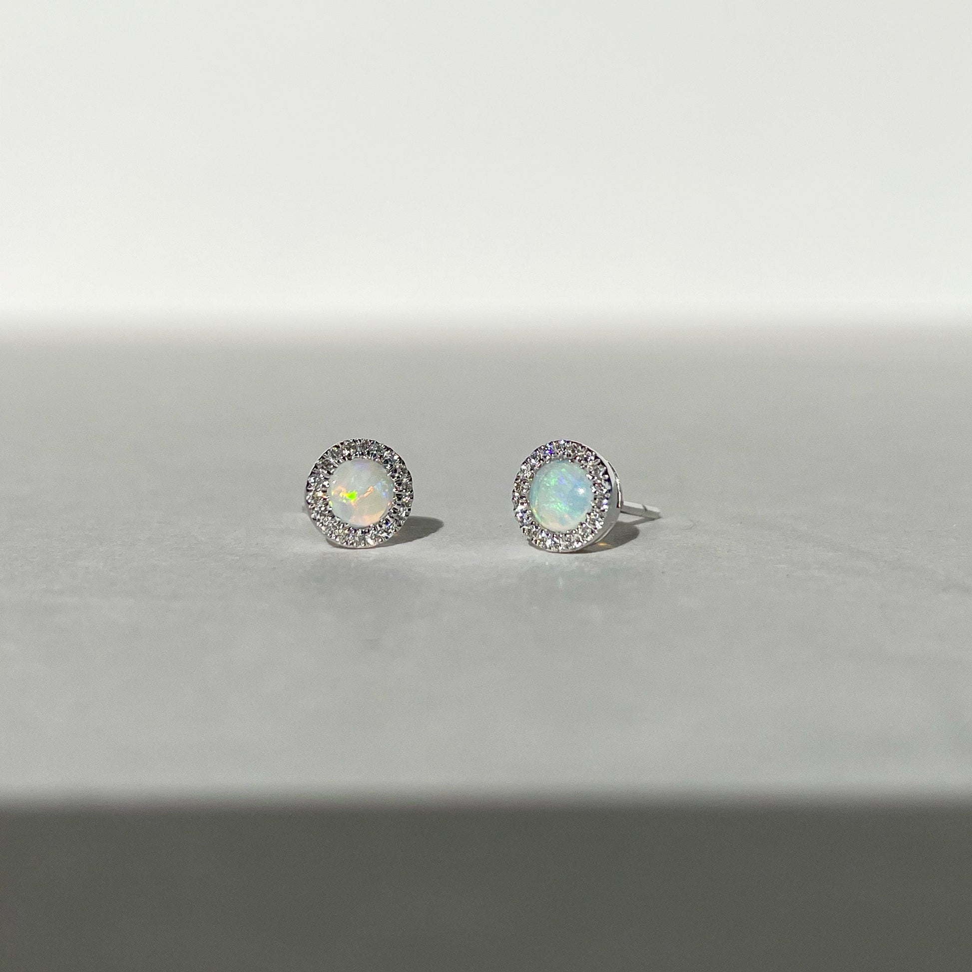 14K Solid Gold Opal and Diamond Studs