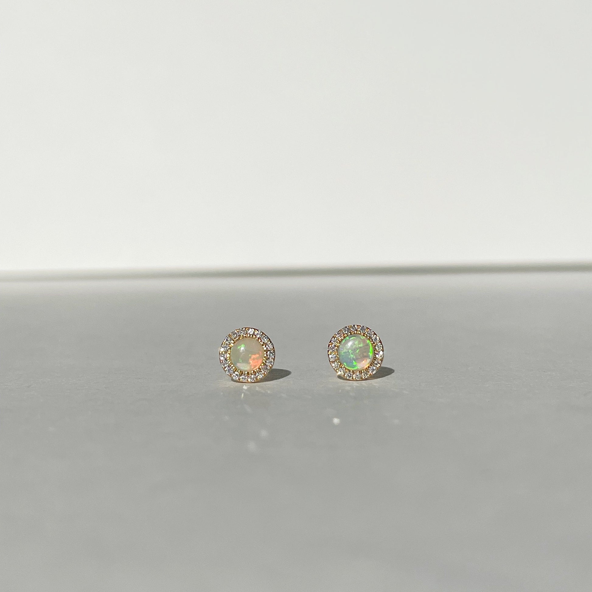 14K Solid Gold Opal and Diamond Studs