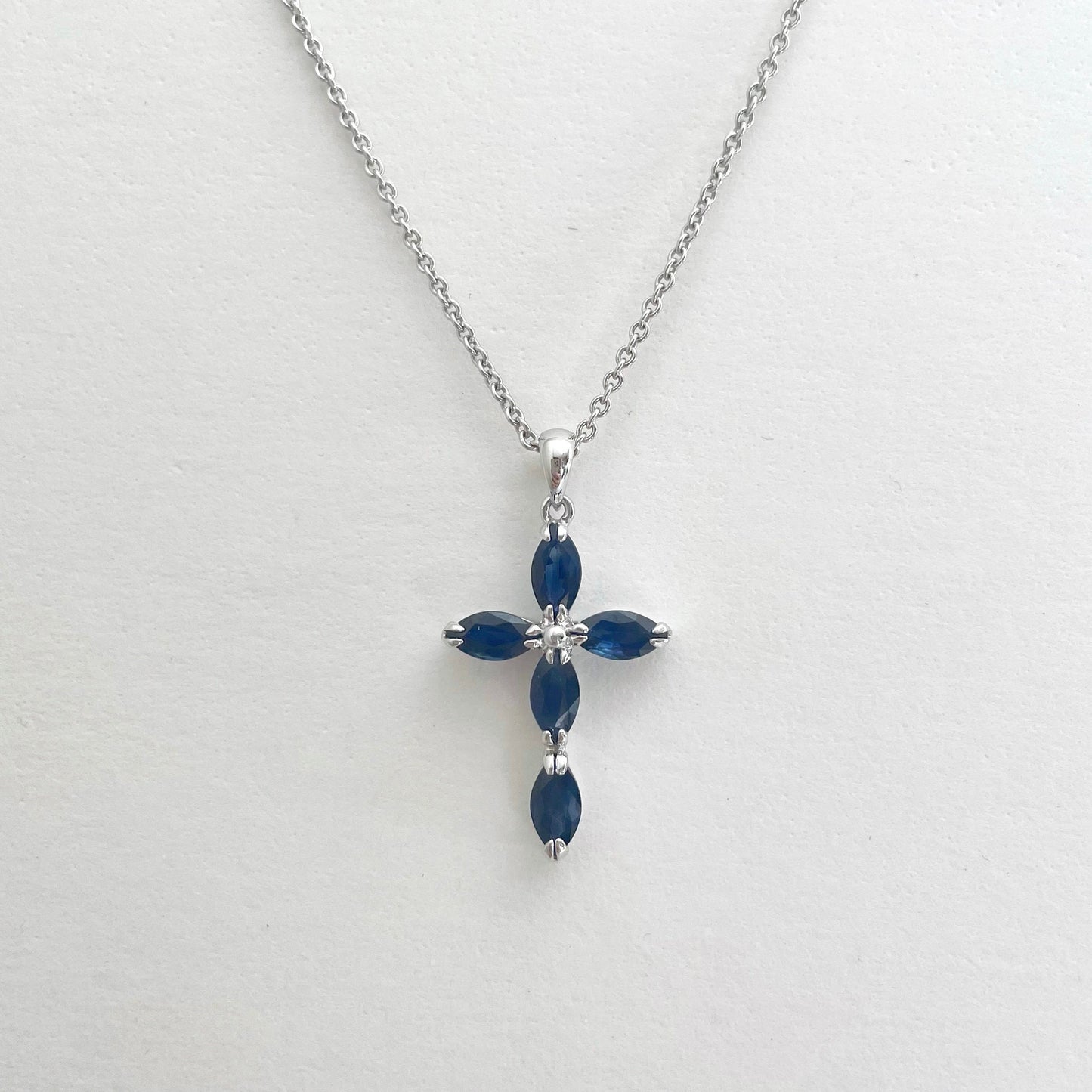 14K Solid Gold Genuine Sapphire Cross Pendant