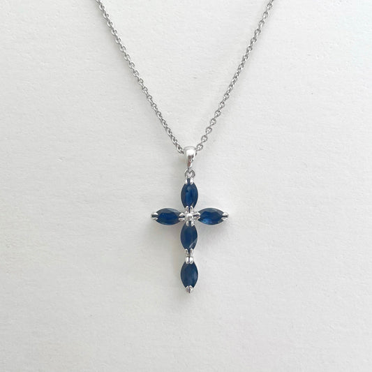 14K Solid Gold Genuine Sapphire Cross Pendant