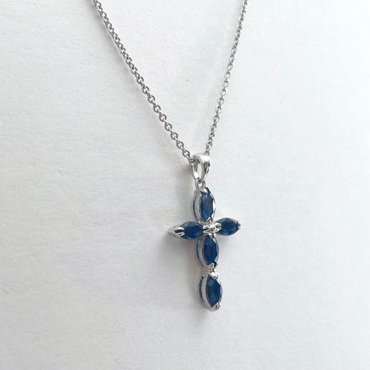 14K Solid Gold Genuine Sapphire Cross Pendant