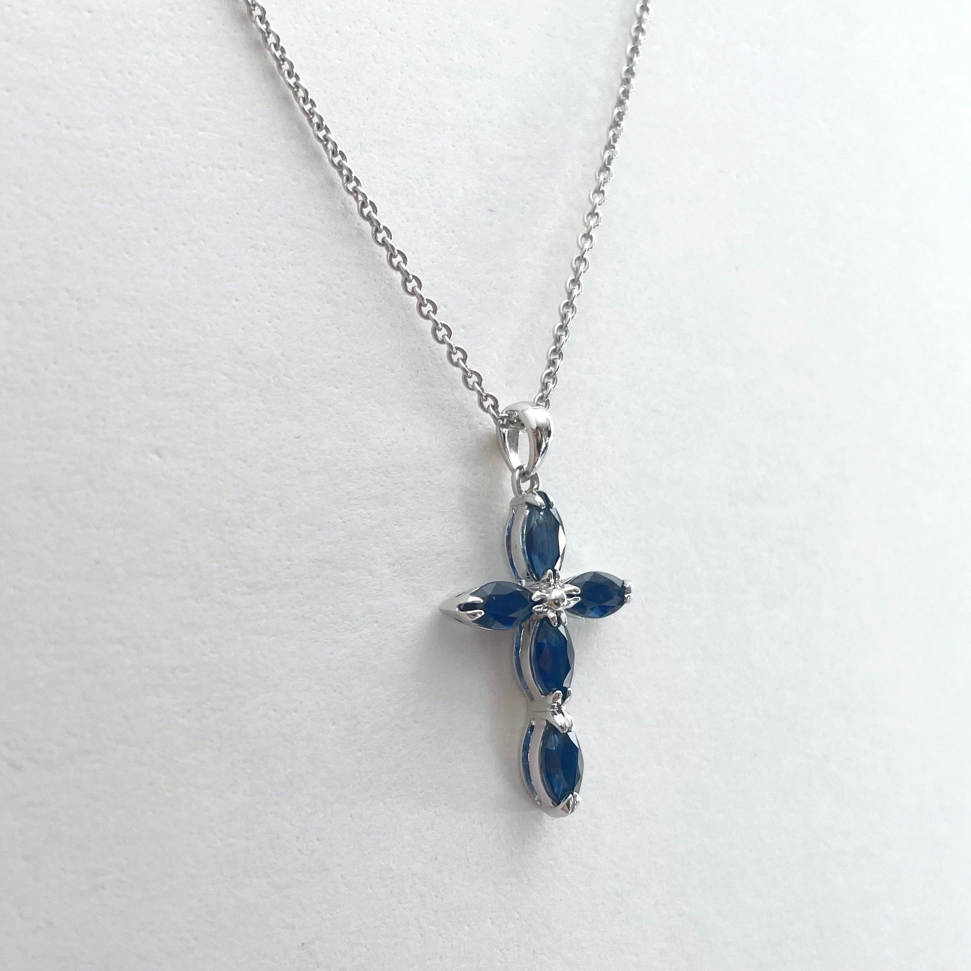 14K Solid Gold Genuine Sapphire Cross Pendant