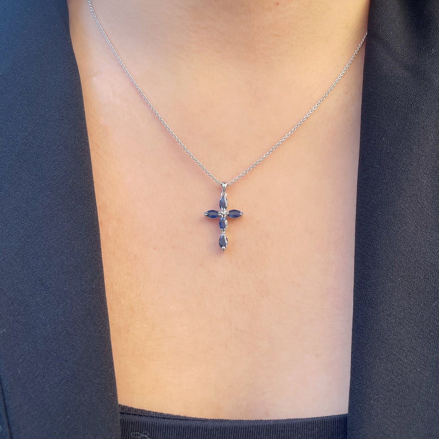 14K Solid Gold Genuine Sapphire Cross Pendant