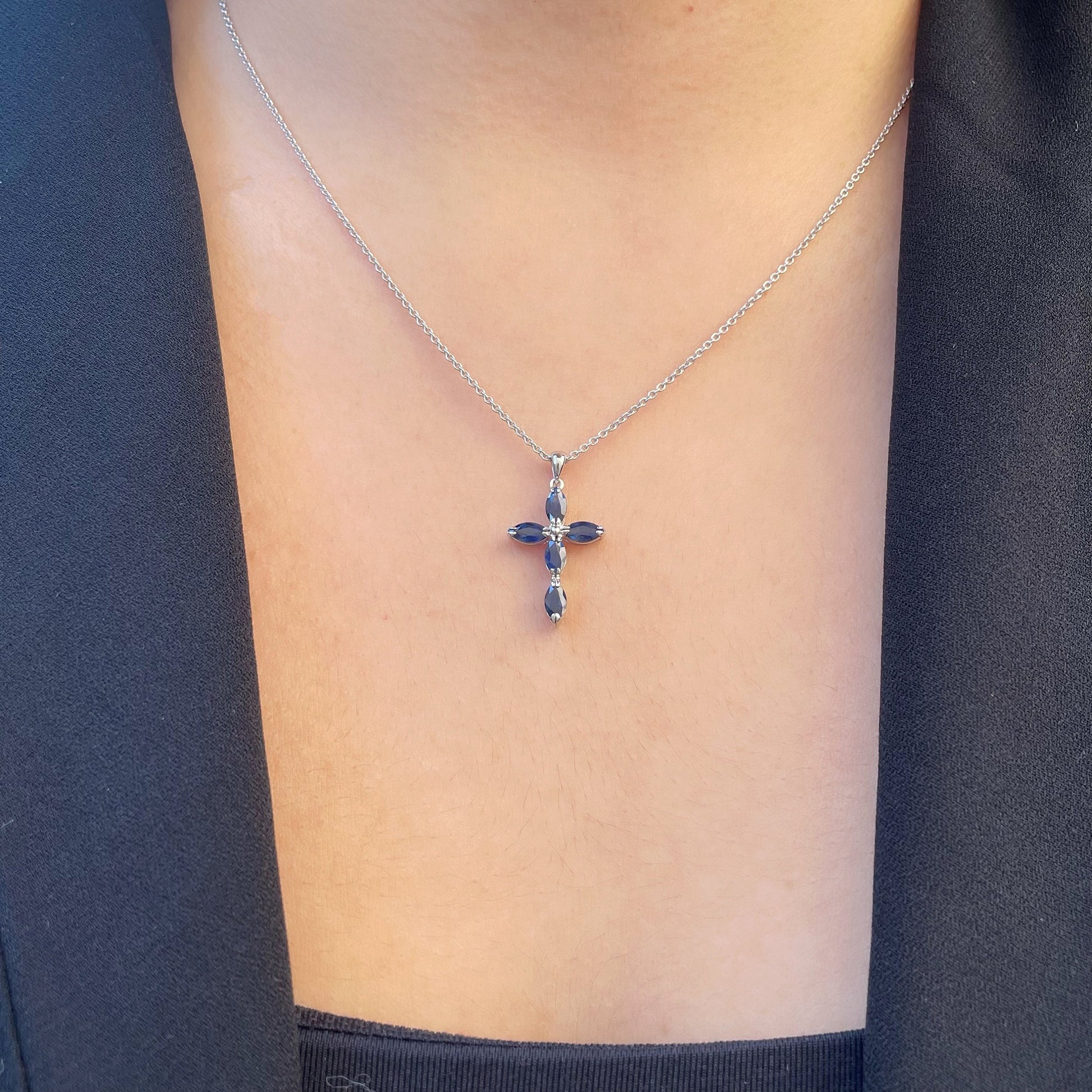 14K Solid Gold Genuine Sapphire Cross Pendant