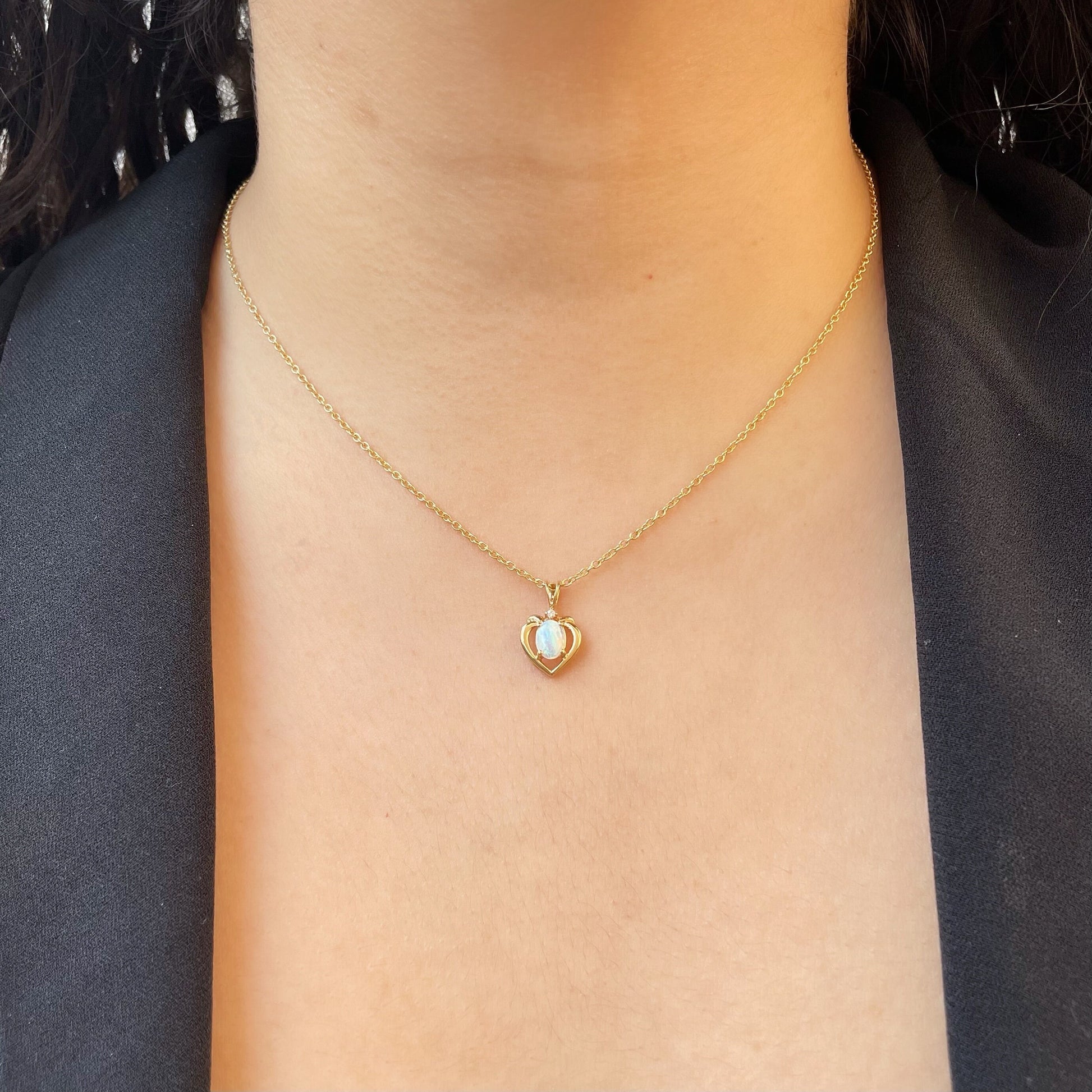 14K Solid Gold Opal Heart Pendant