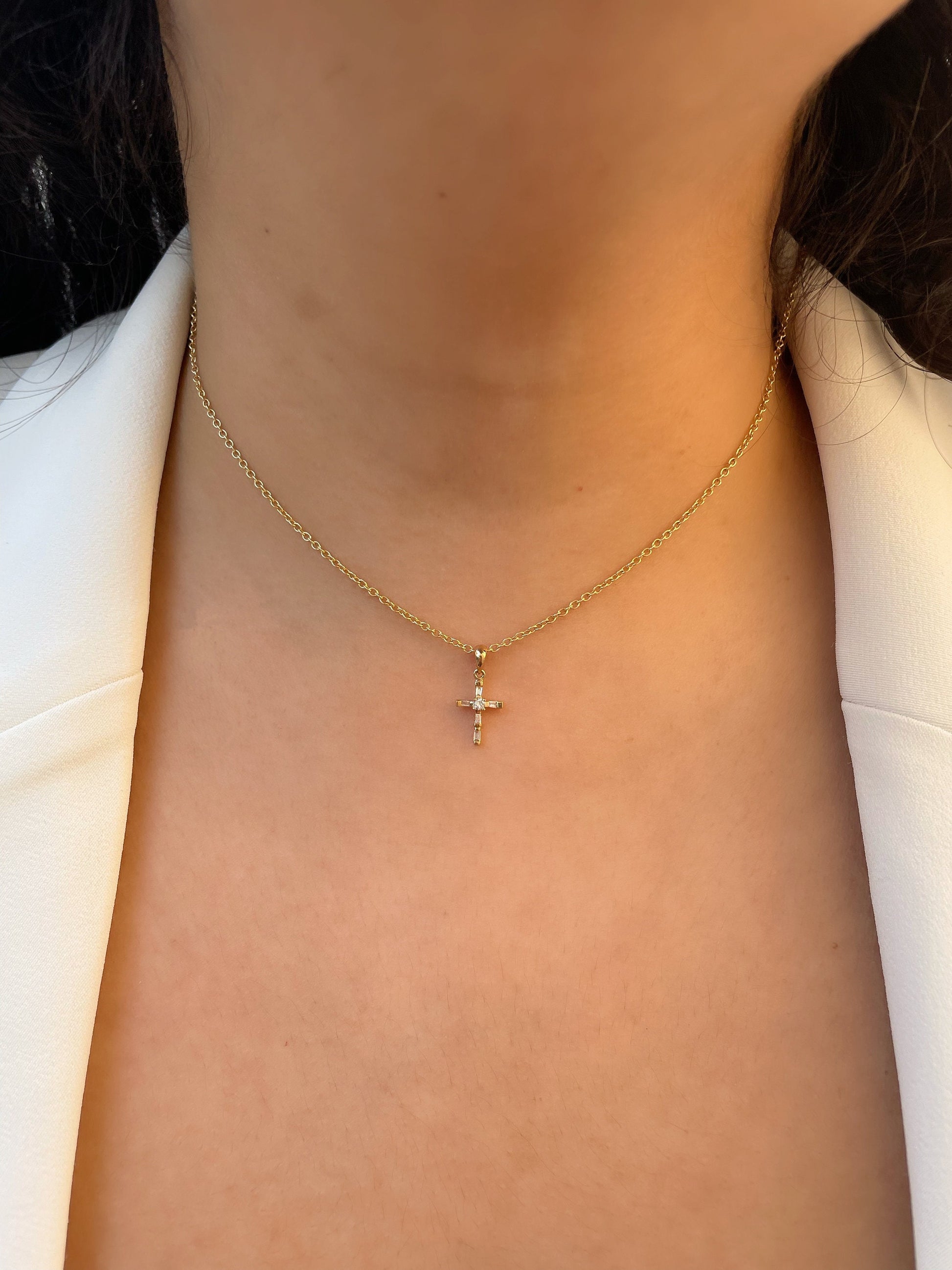 14K Solid Gold Diamond Cross Pendant