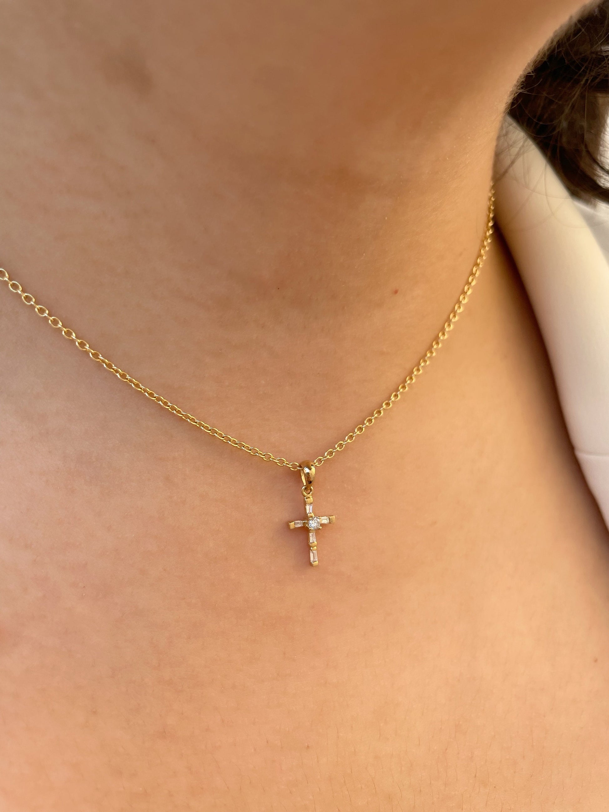 14K Solid Gold Diamond Cross Pendant
