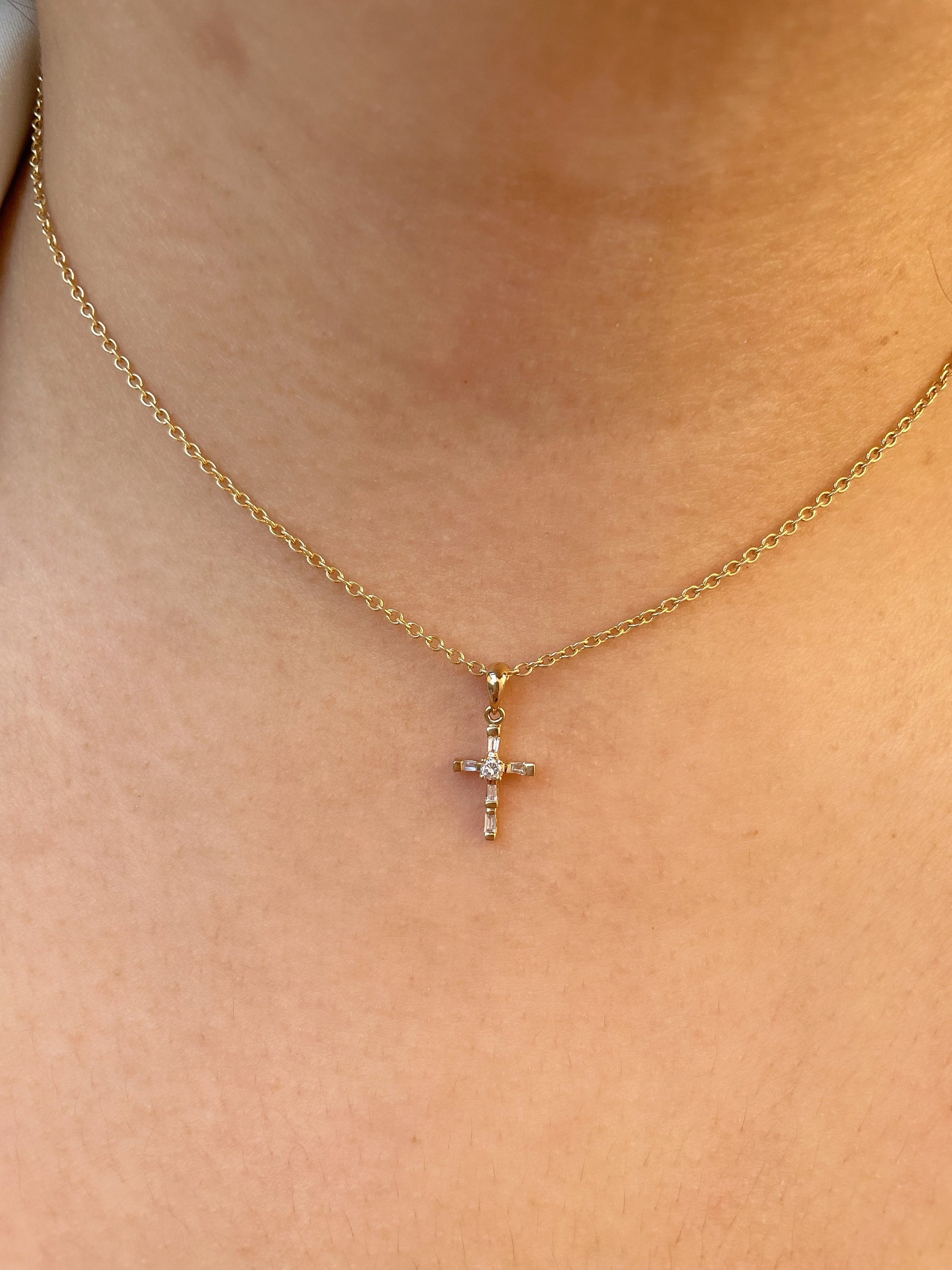 14K Solid Gold Diamond Cross Pendant