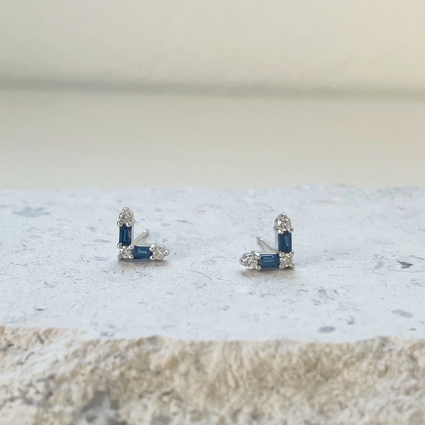 14K Solid Gold Sapphire and Diamond Chevron Studs