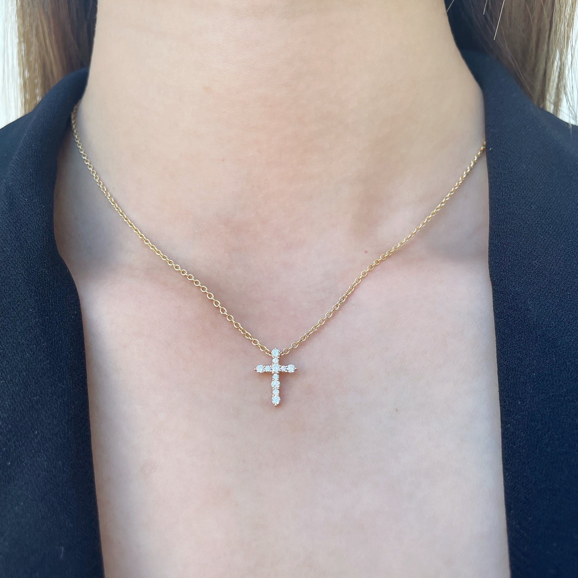 14K Solid Gold Diamond Cross Pendant