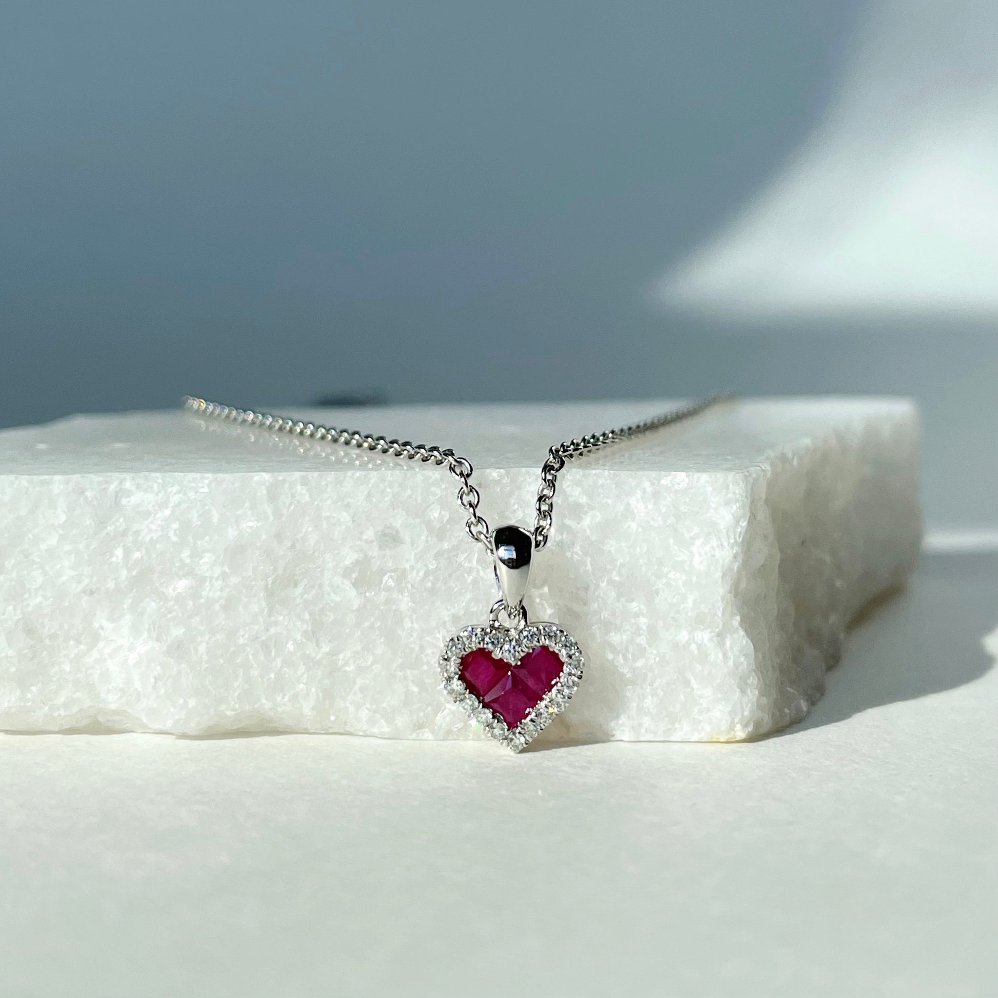 14K Solid Gold Genuine Diamond and Ruby Heart Pendant