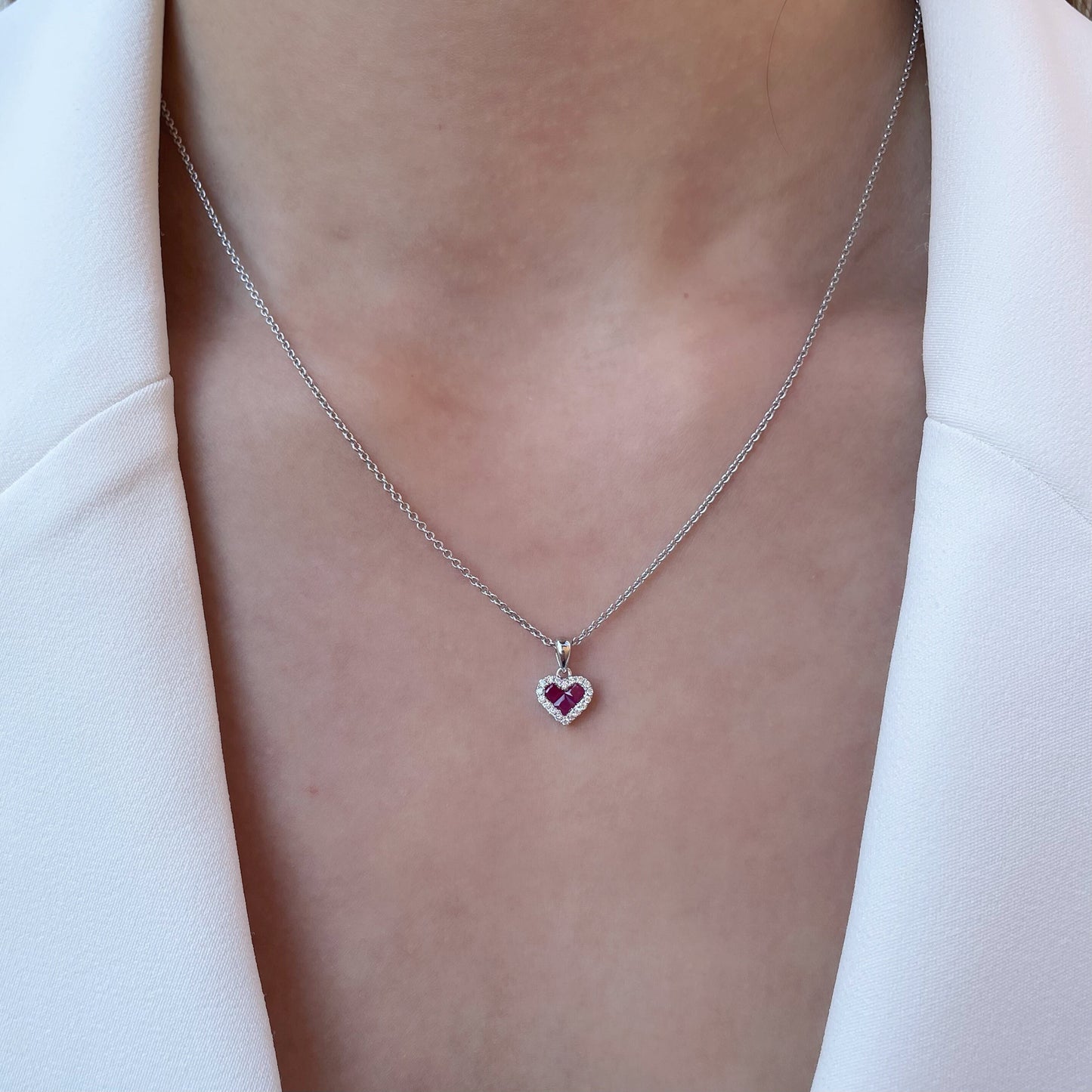 14K Solid Gold Genuine Diamond and Ruby Heart Pendant