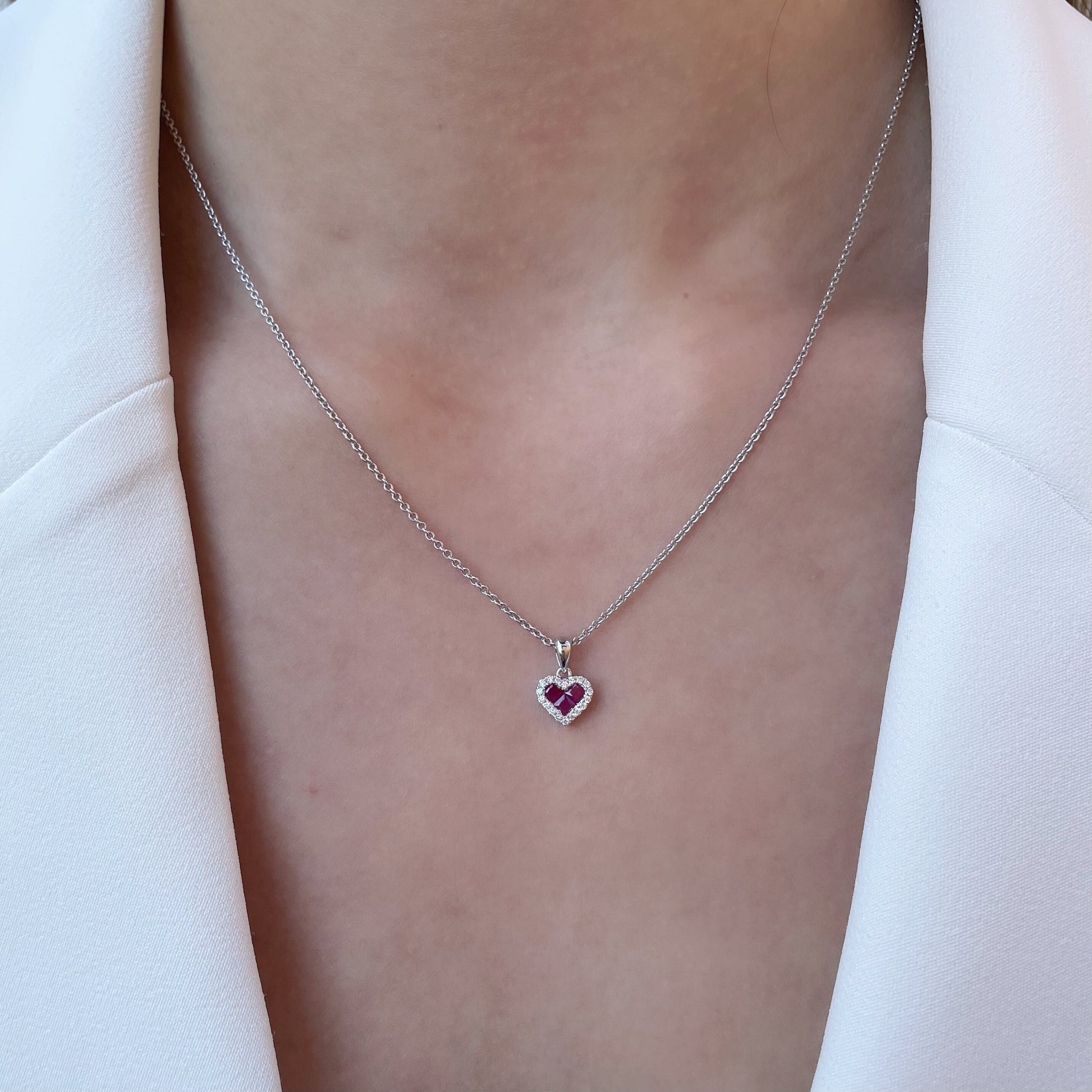 14K Solid Gold Genuine Diamond and Ruby Heart Pendant